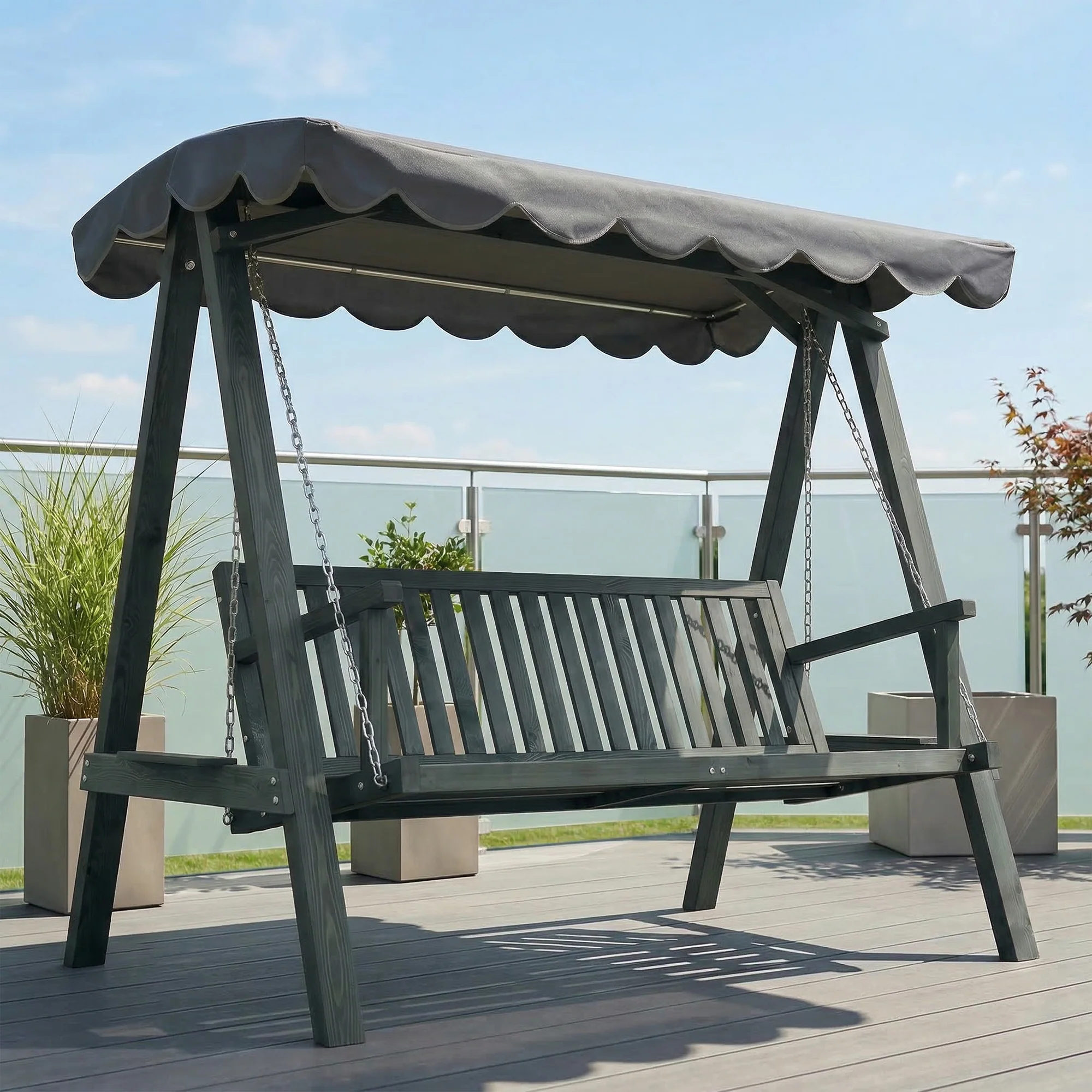 Outsunny 3 Seater Garden Swing Seat with Canopy, Outdoor Hammock Bench, Grey - Image 7