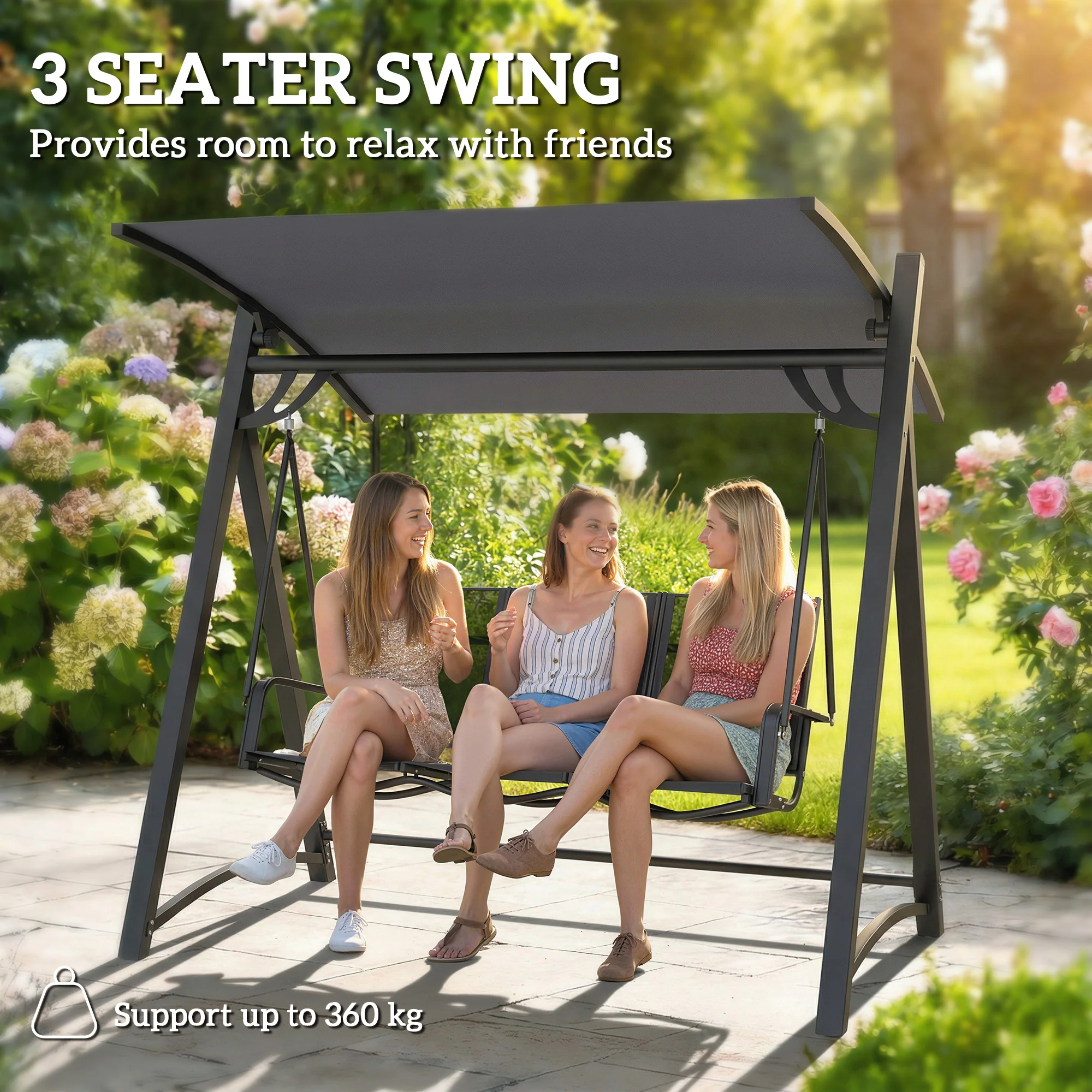 Outsunny 3 Seater Swing Chair, Garden Swing Bench with Adjustable Canopy - Image 4