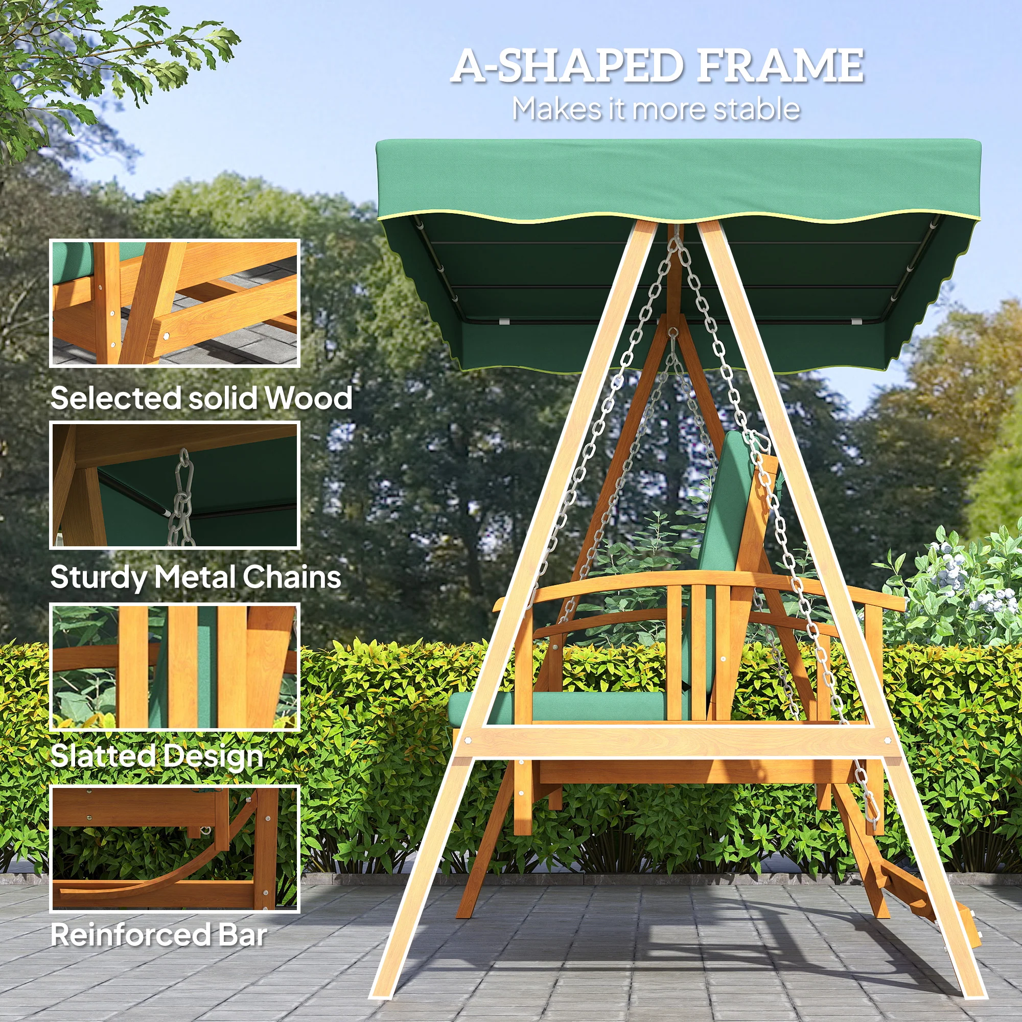Outsunny 3 Seater Wooden Garden Swing Chair Seat Hammock Bench Lounger Bed - Image 6