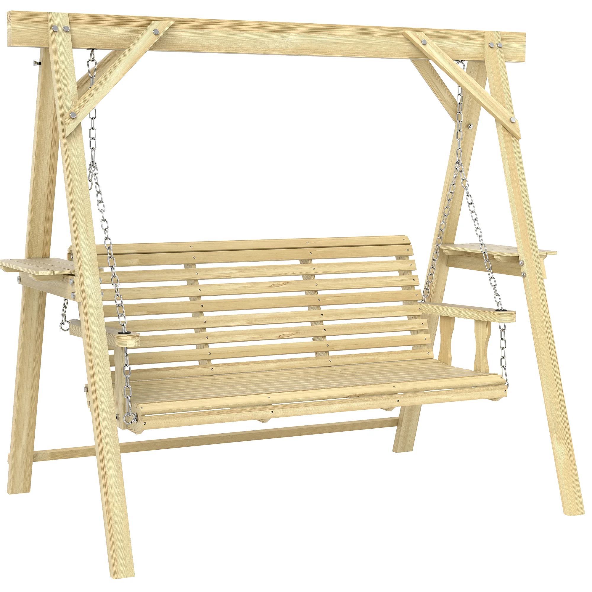 Outsunny 3 Seater Wooden Garden Swing Chair with Side Tables