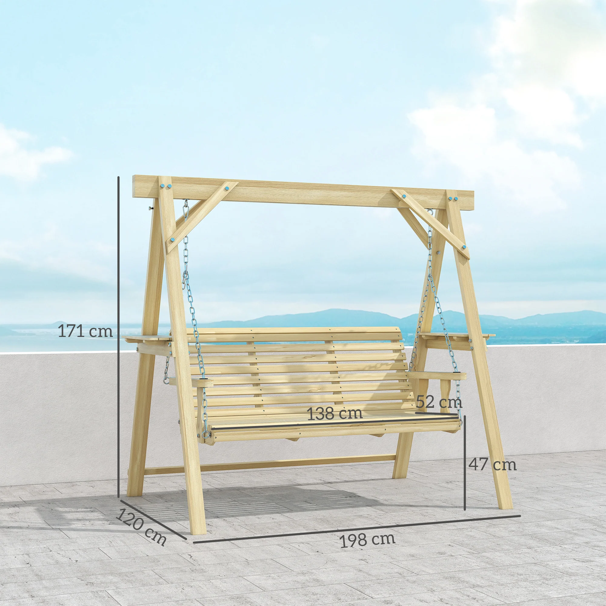 Outsunny 3 Seater Wooden Garden Swing Chair with Side Tables - Image 3