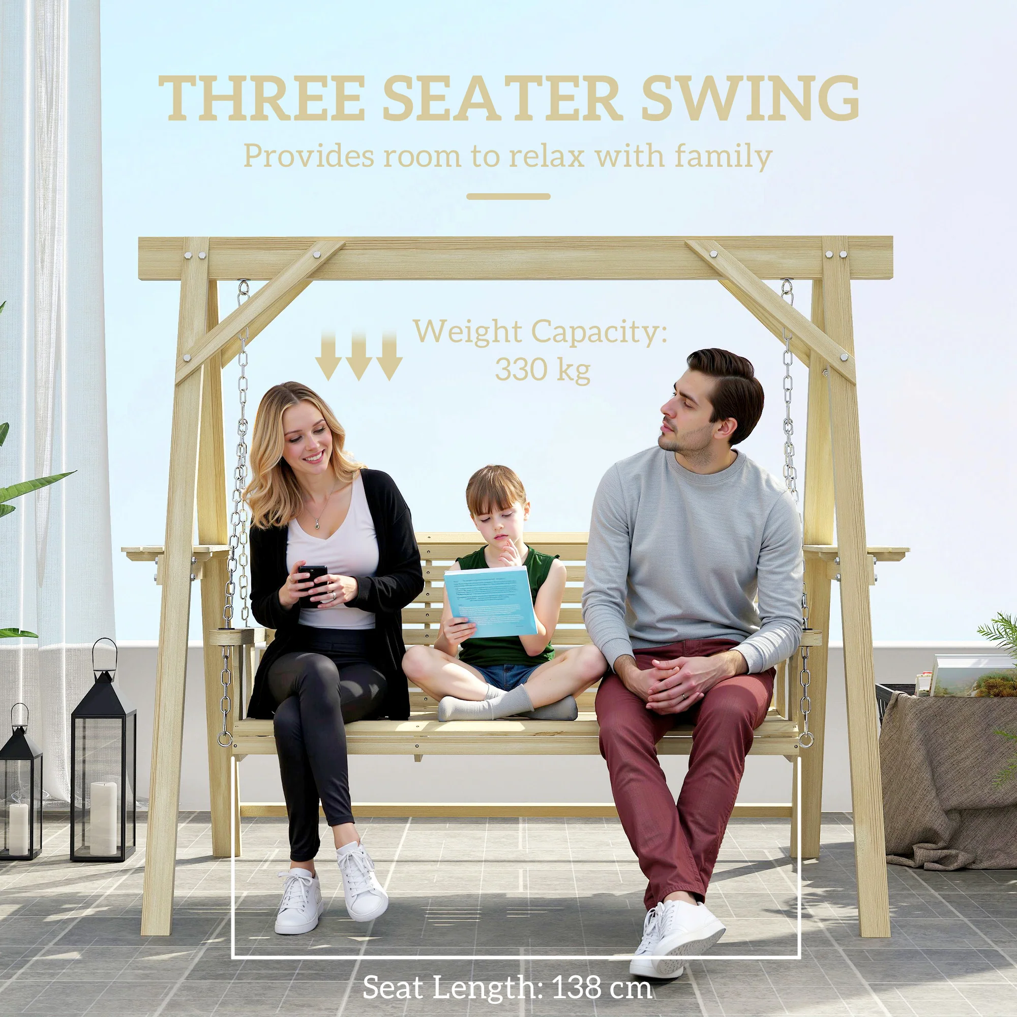 Outsunny 3 Seater Wooden Garden Swing Chair with Side Tables - Image 4