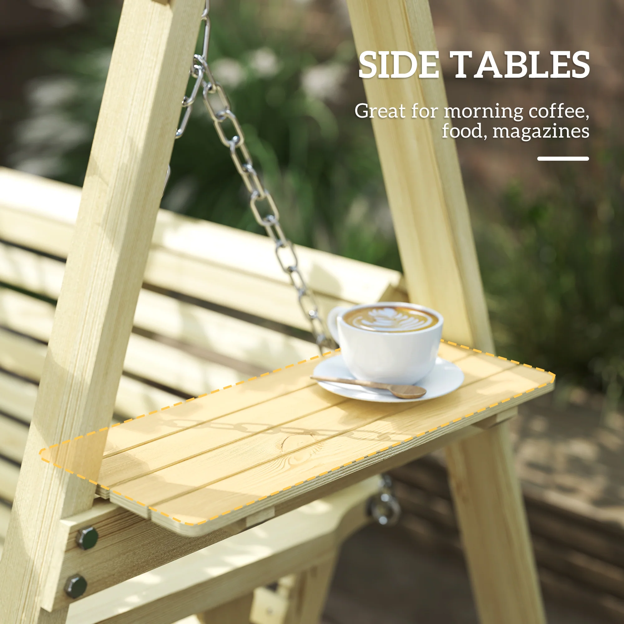 Outsunny 3 Seater Wooden Garden Swing Chair with Side Tables - Image 5