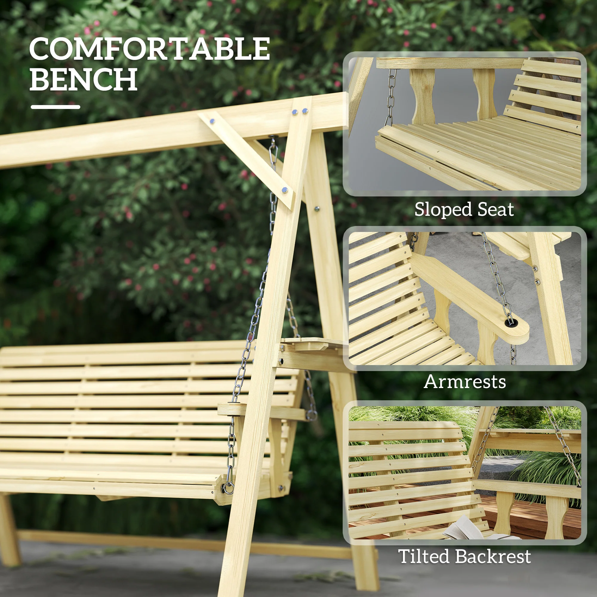 Outsunny 3 Seater Wooden Garden Swing Chair with Side Tables - Image 7