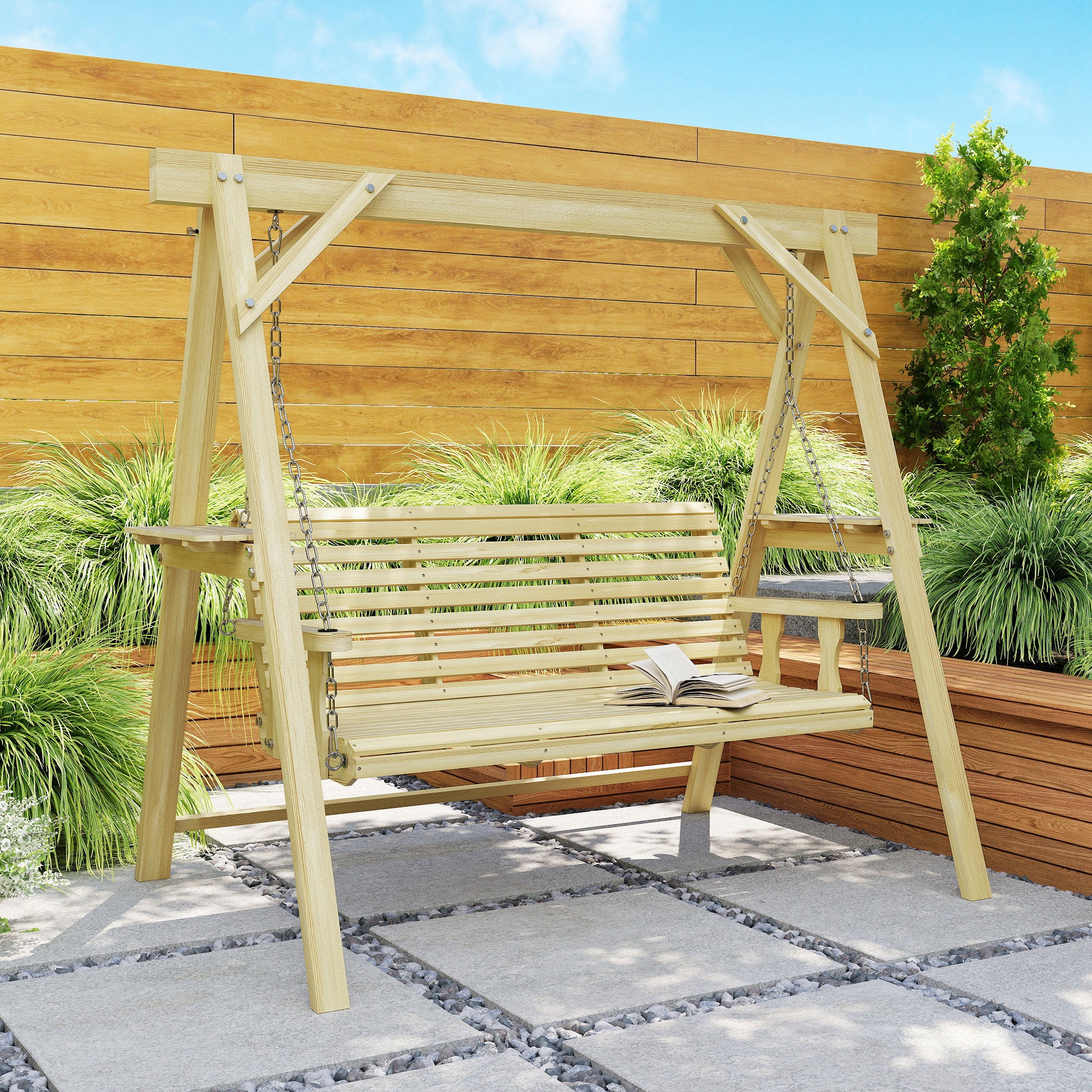Outsunny 3 Seater Wooden Garden Swing Chair with Side Tables - Image 8