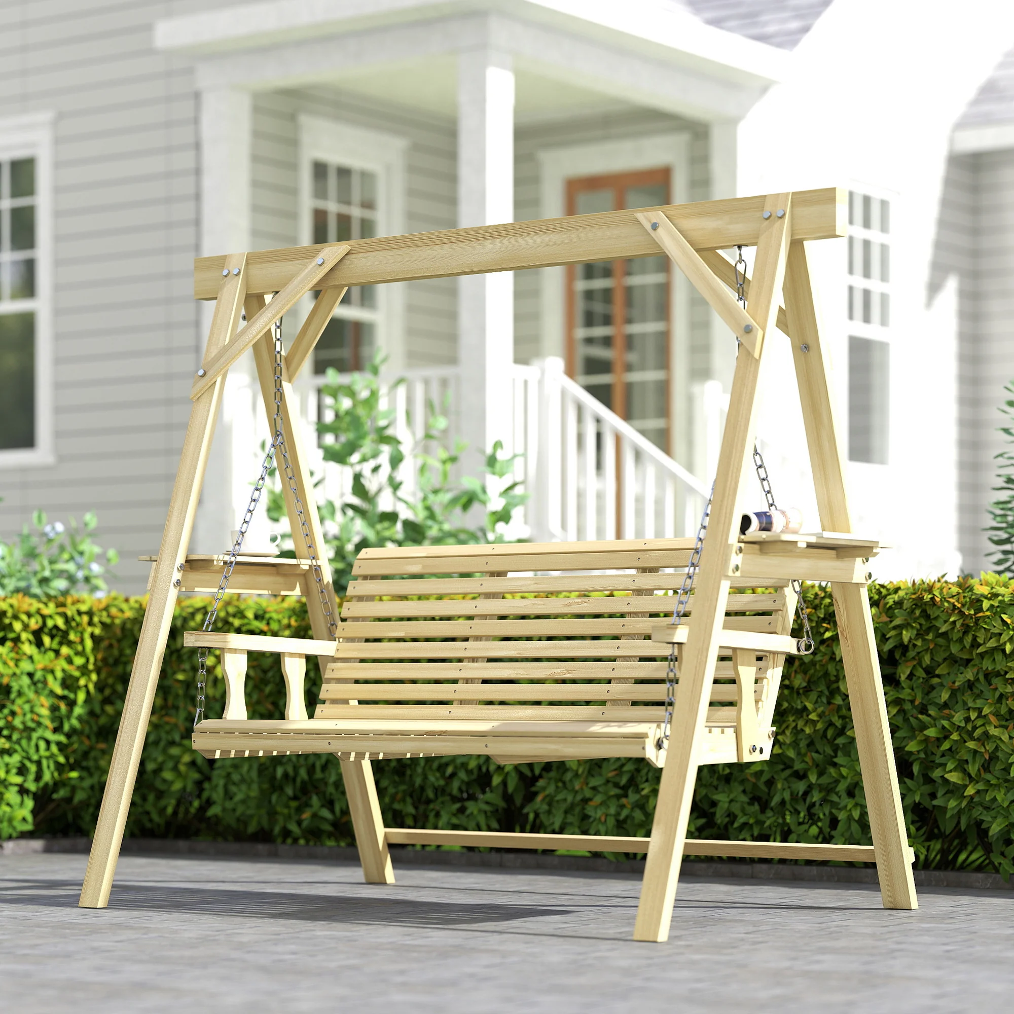Outsunny 3 Seater Wooden Garden Swing Chair with Side Tables - Image 9
