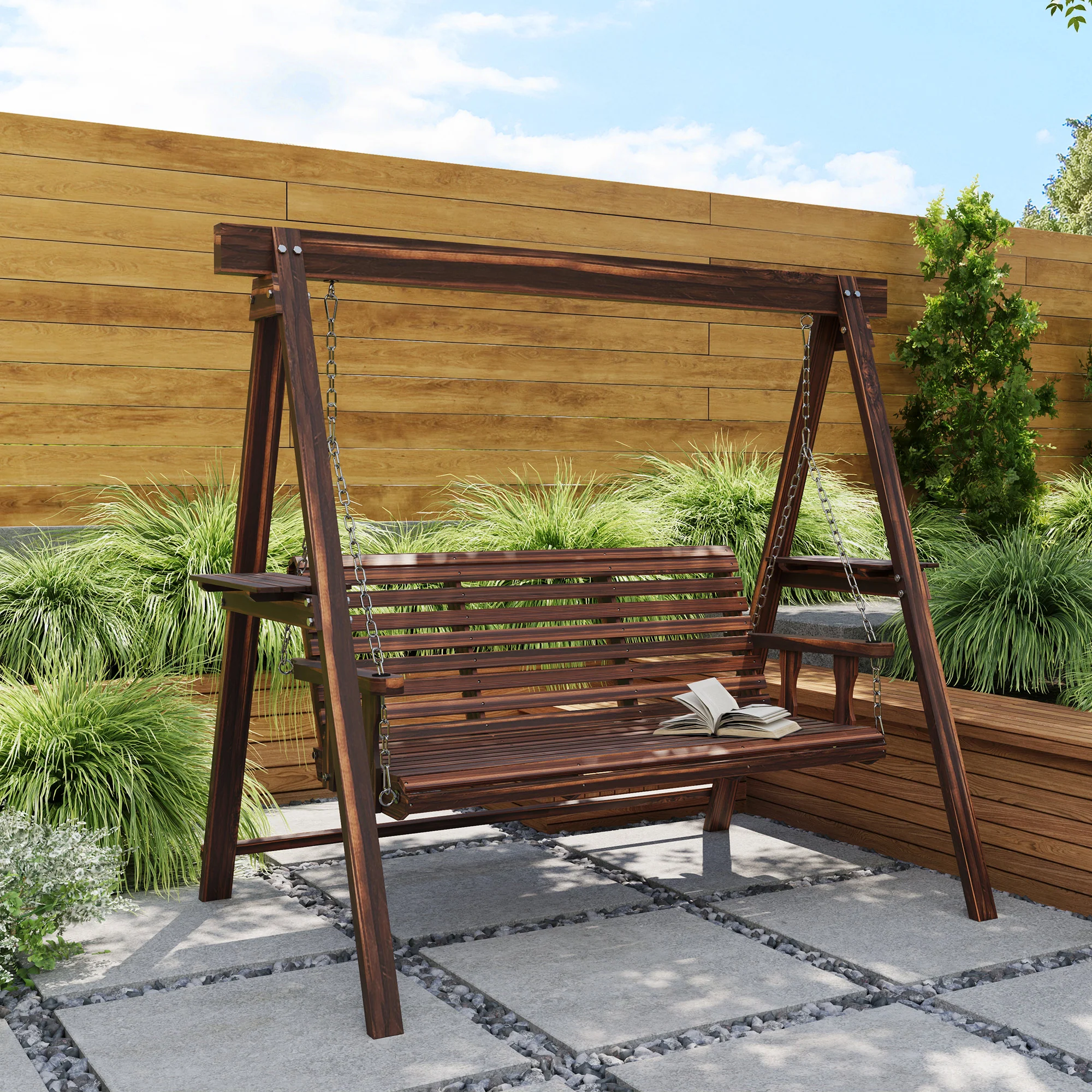 Outsunny 3 Seater Wooden Garden Swing Chair With Side Tables - Image 2