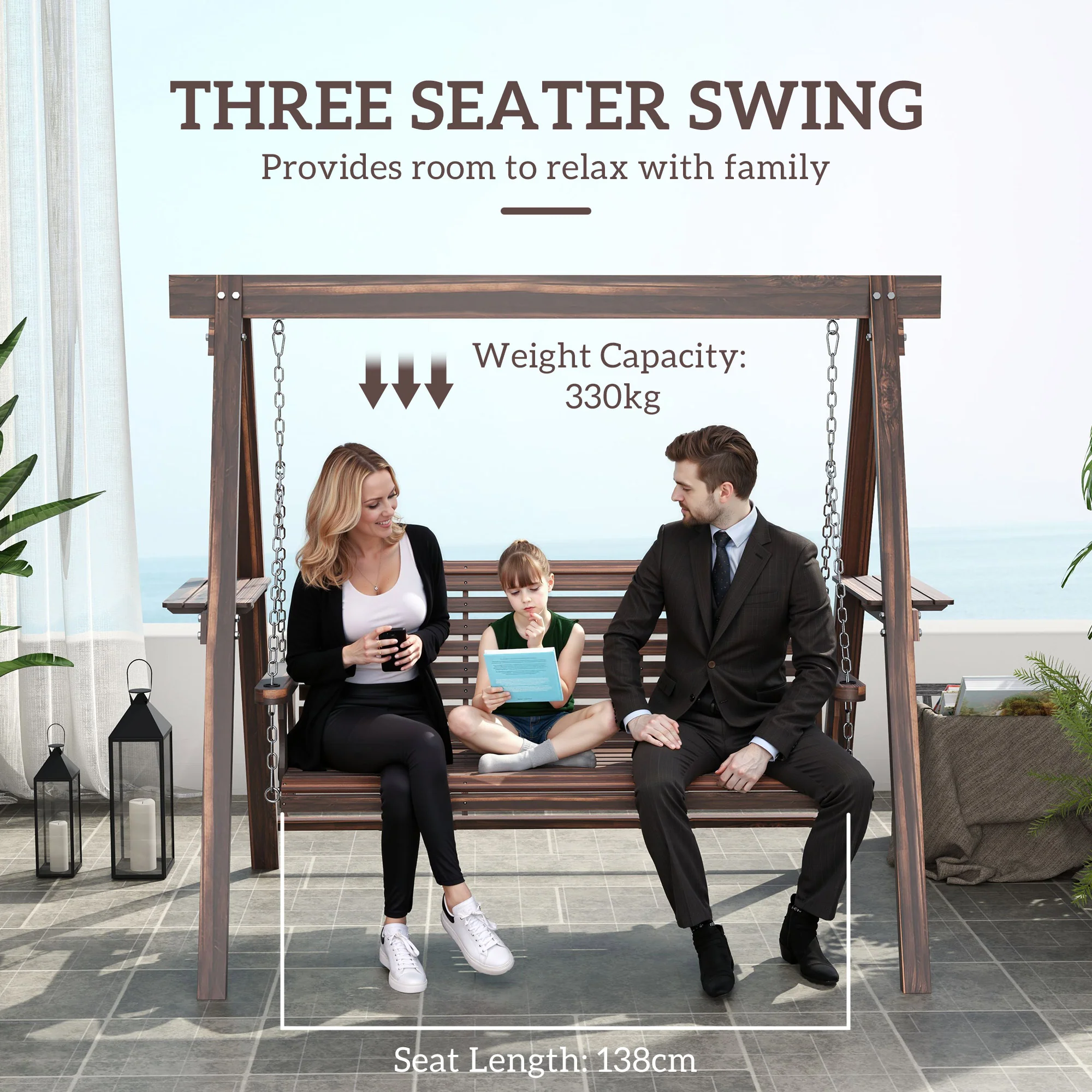 Outsunny 3 Seater Wooden Garden Swing Chair With Side Tables - Image 3