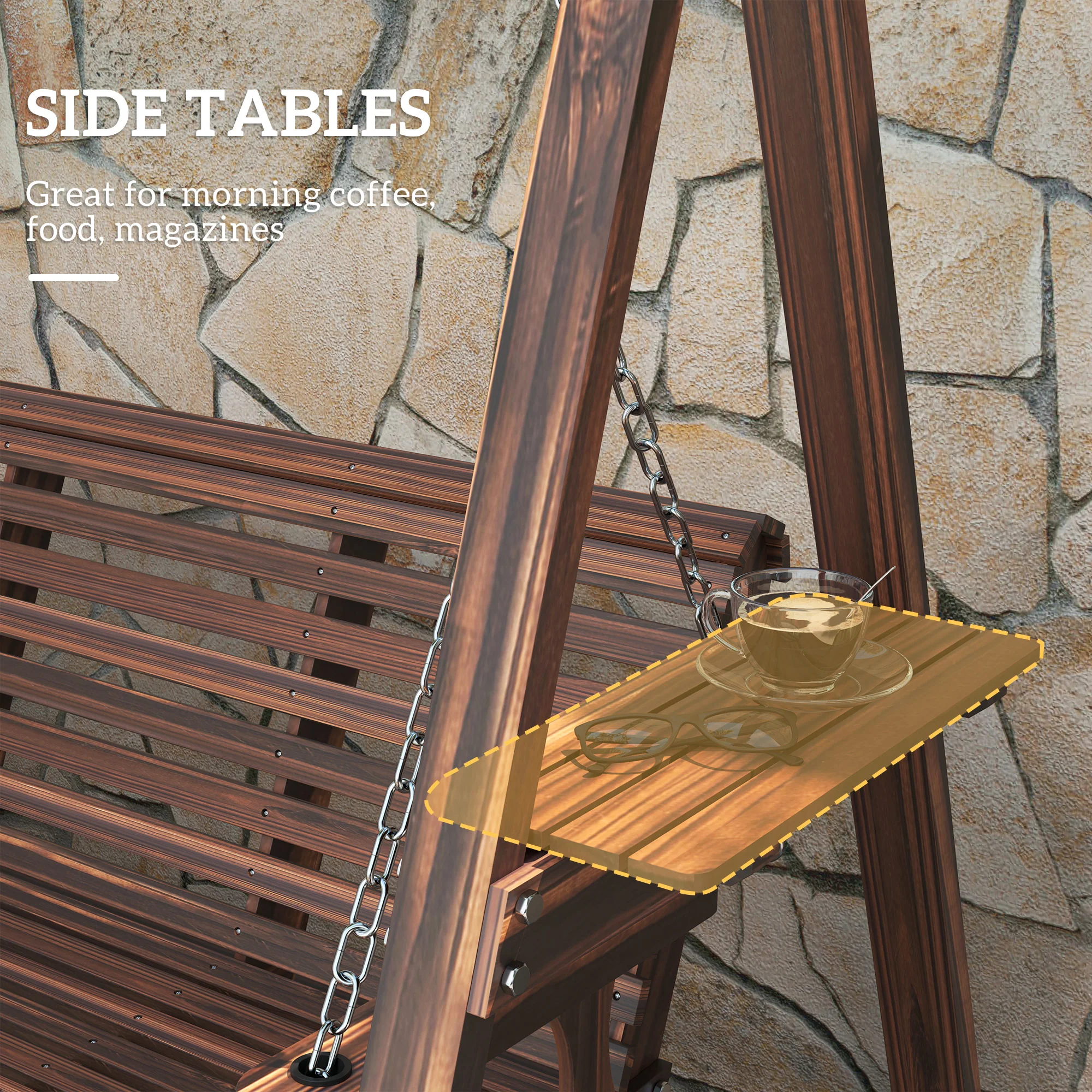 Outsunny 3 Seater Wooden Garden Swing Chair With Side Tables - Image 4