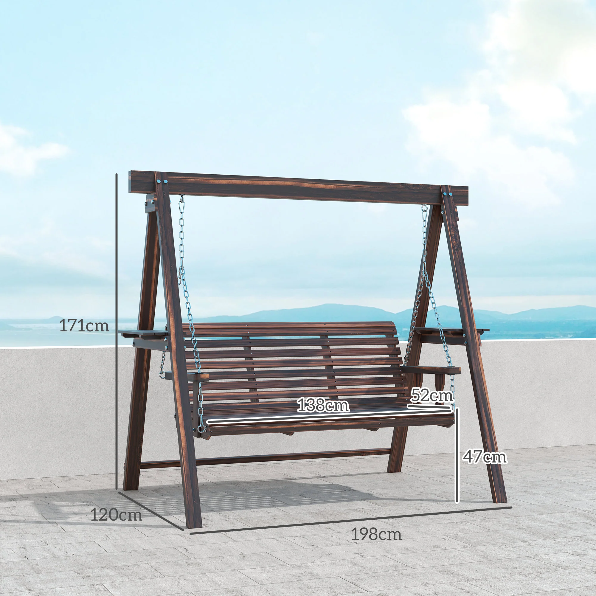 Outsunny 3 Seater Wooden Garden Swing Chair With Side Tables - Image 5
