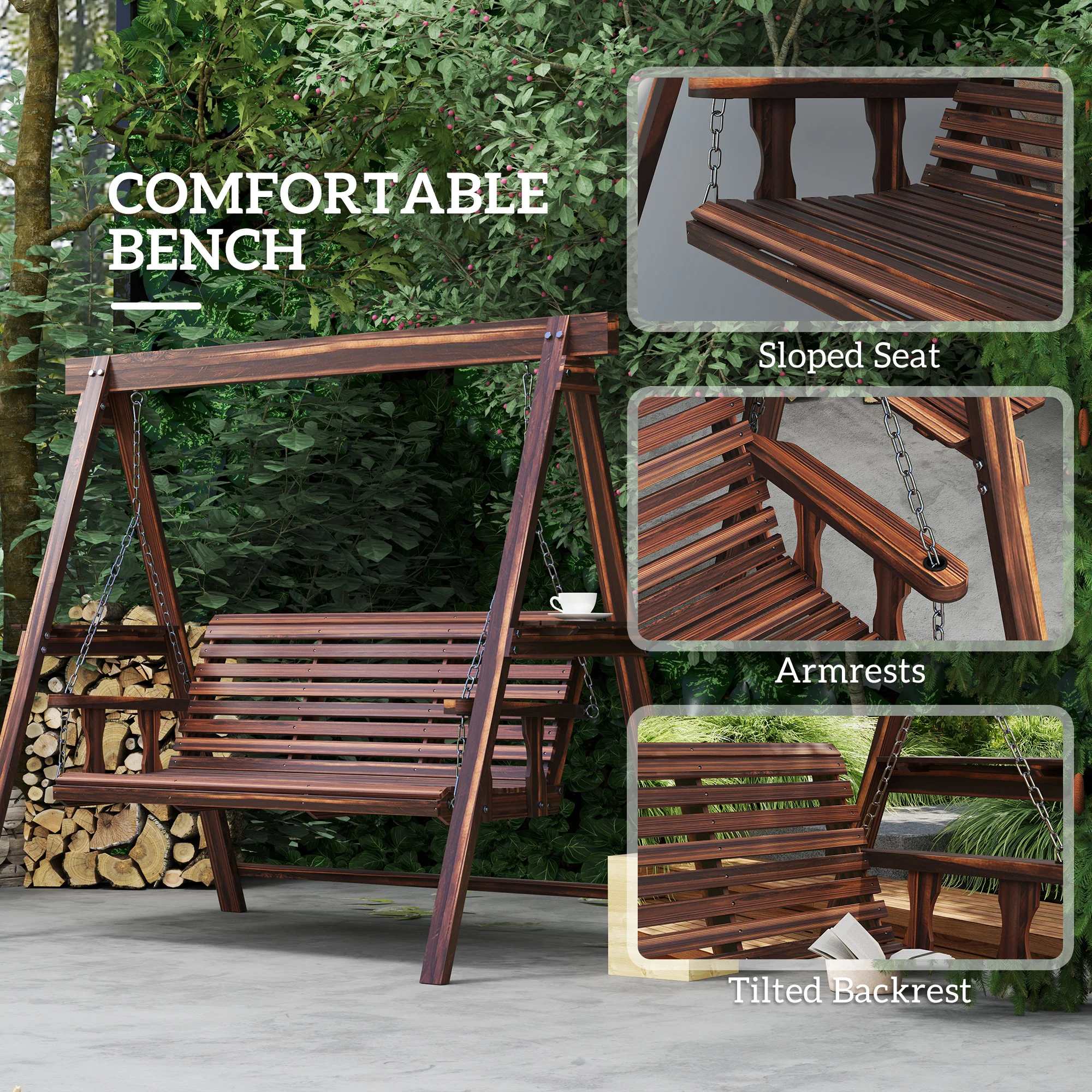 Outsunny 3 Seater Wooden Garden Swing Chair With Side Tables - Image 7