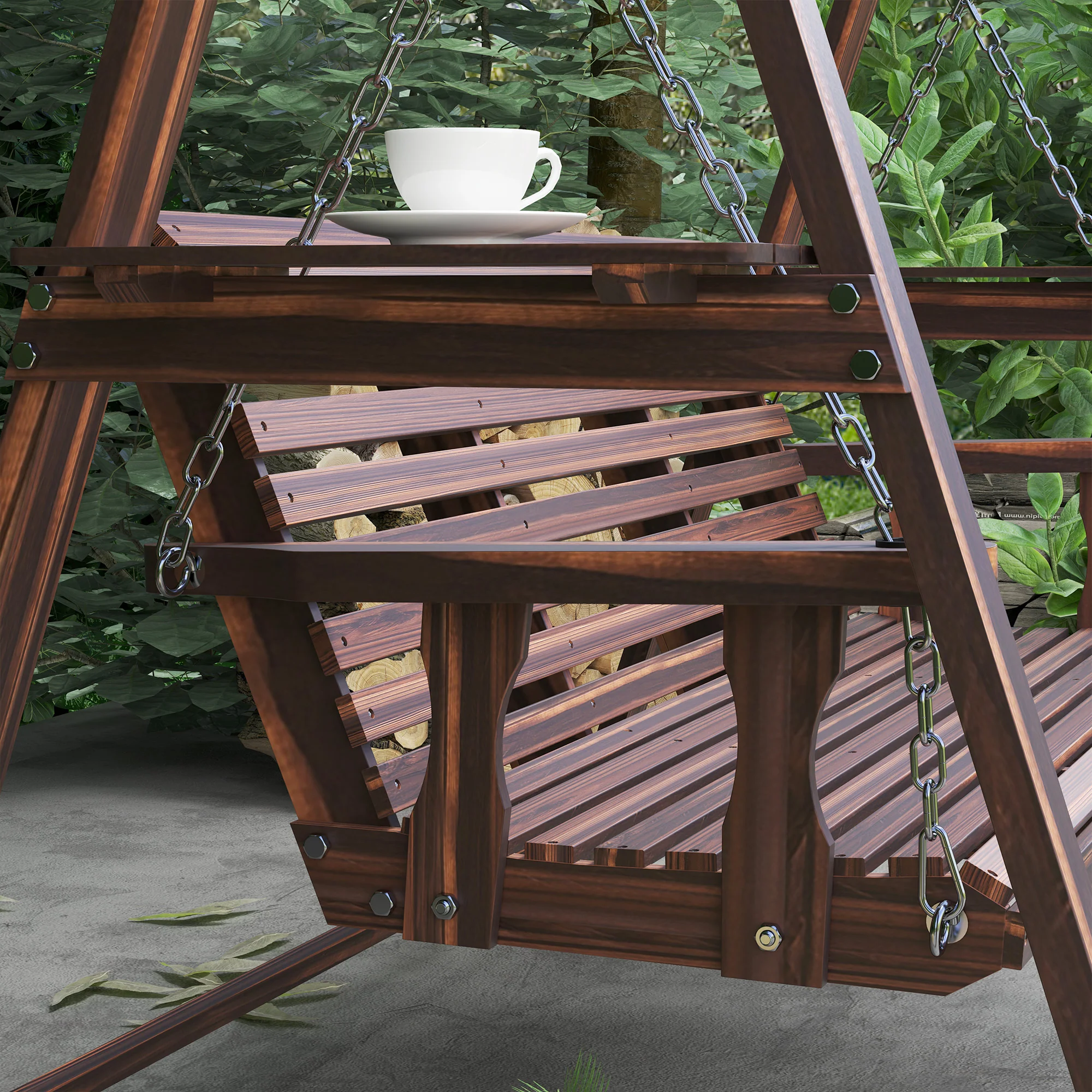 Outsunny 3 Seater Wooden Garden Swing Chair With Side Tables - Image 9