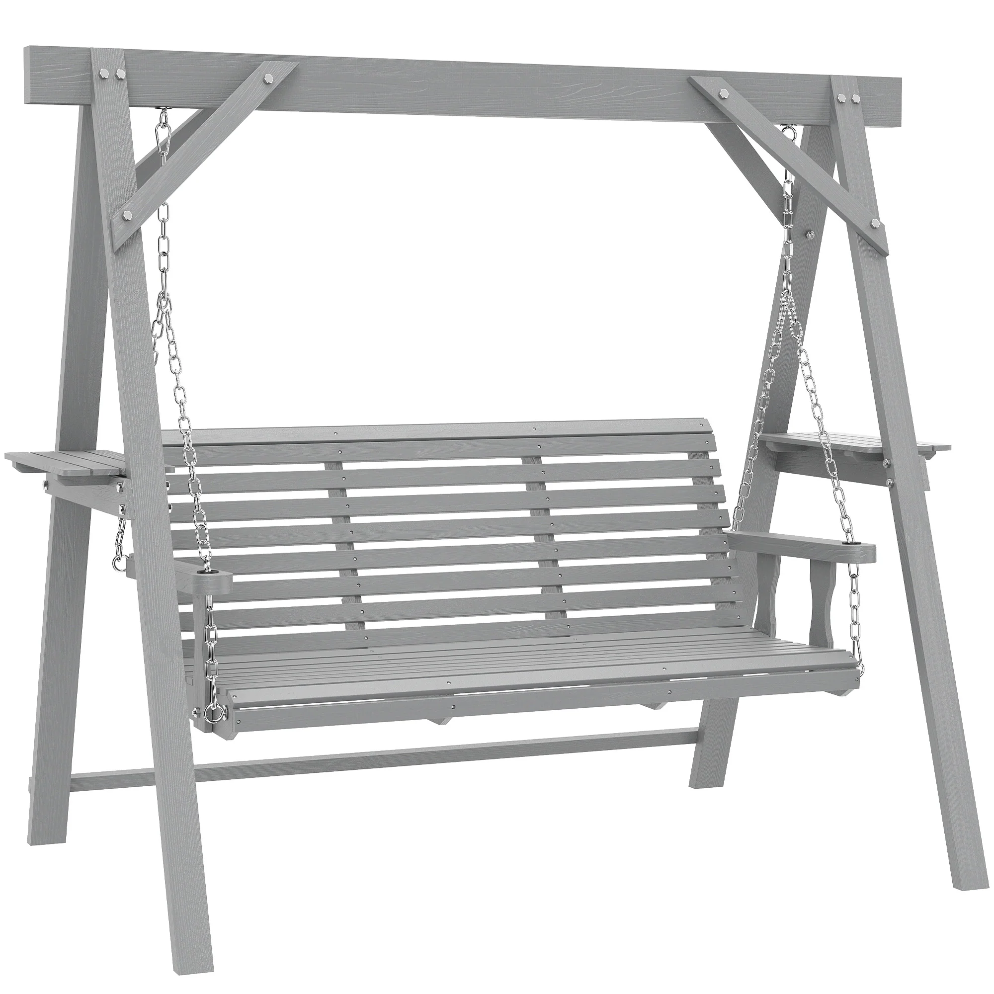 Outsunny 3 Seater Wooden Garden Swing Chair with Side Tables, Dark Grey