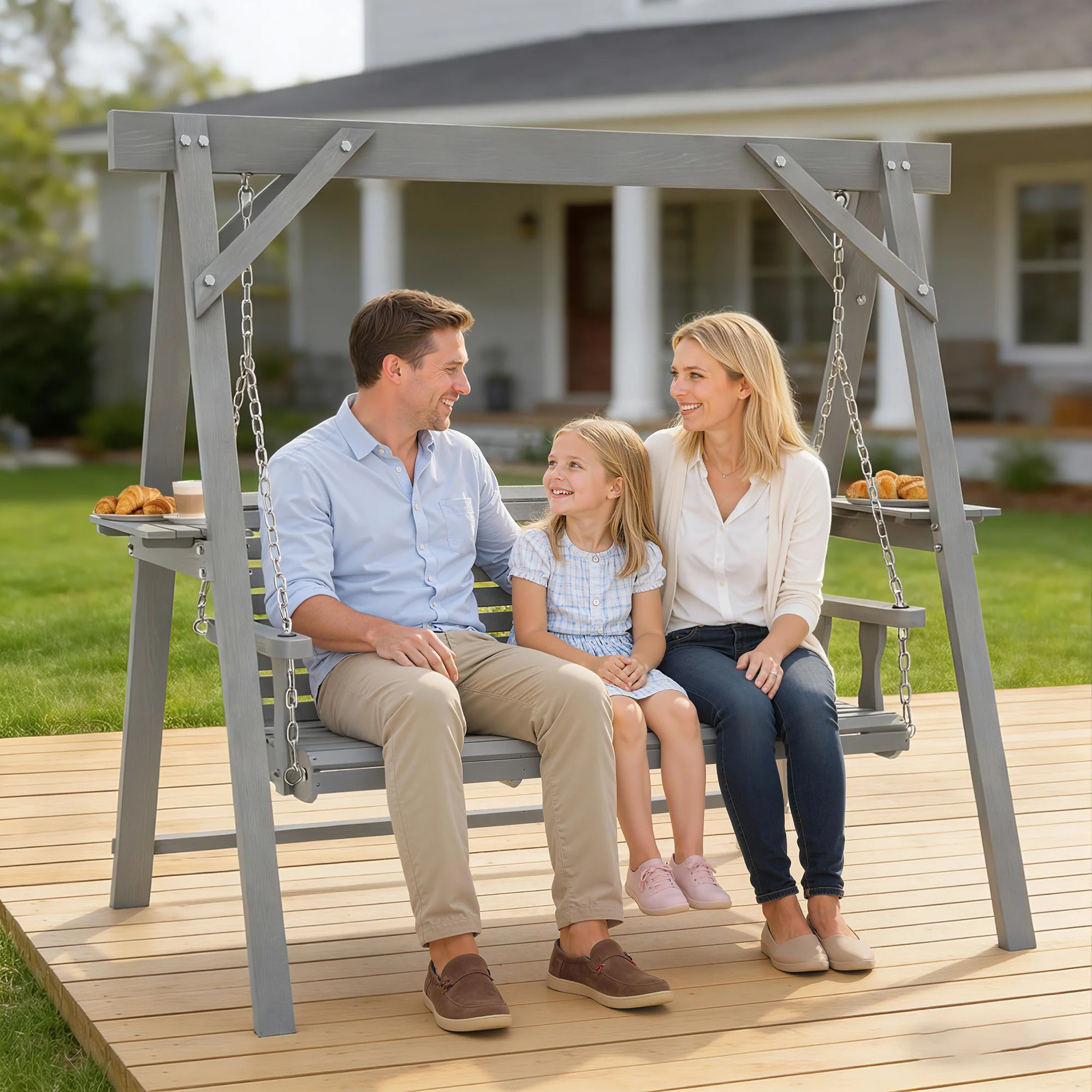 Outsunny 3 Seater Wooden Garden Swing Chair with Side Tables, Dark Grey - Image 2