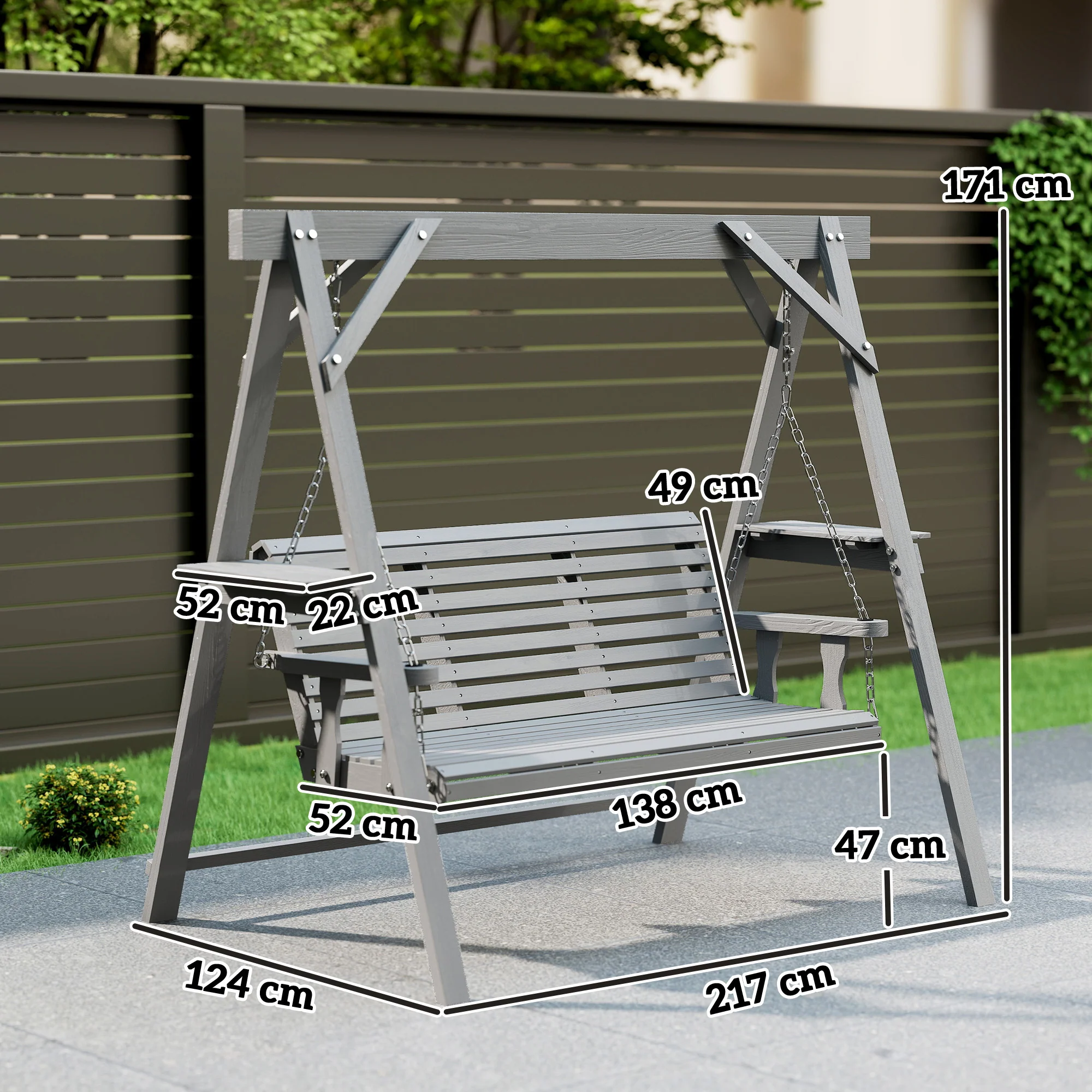 Outsunny 3 Seater Wooden Garden Swing Chair with Side Tables, Dark Grey - Image 3