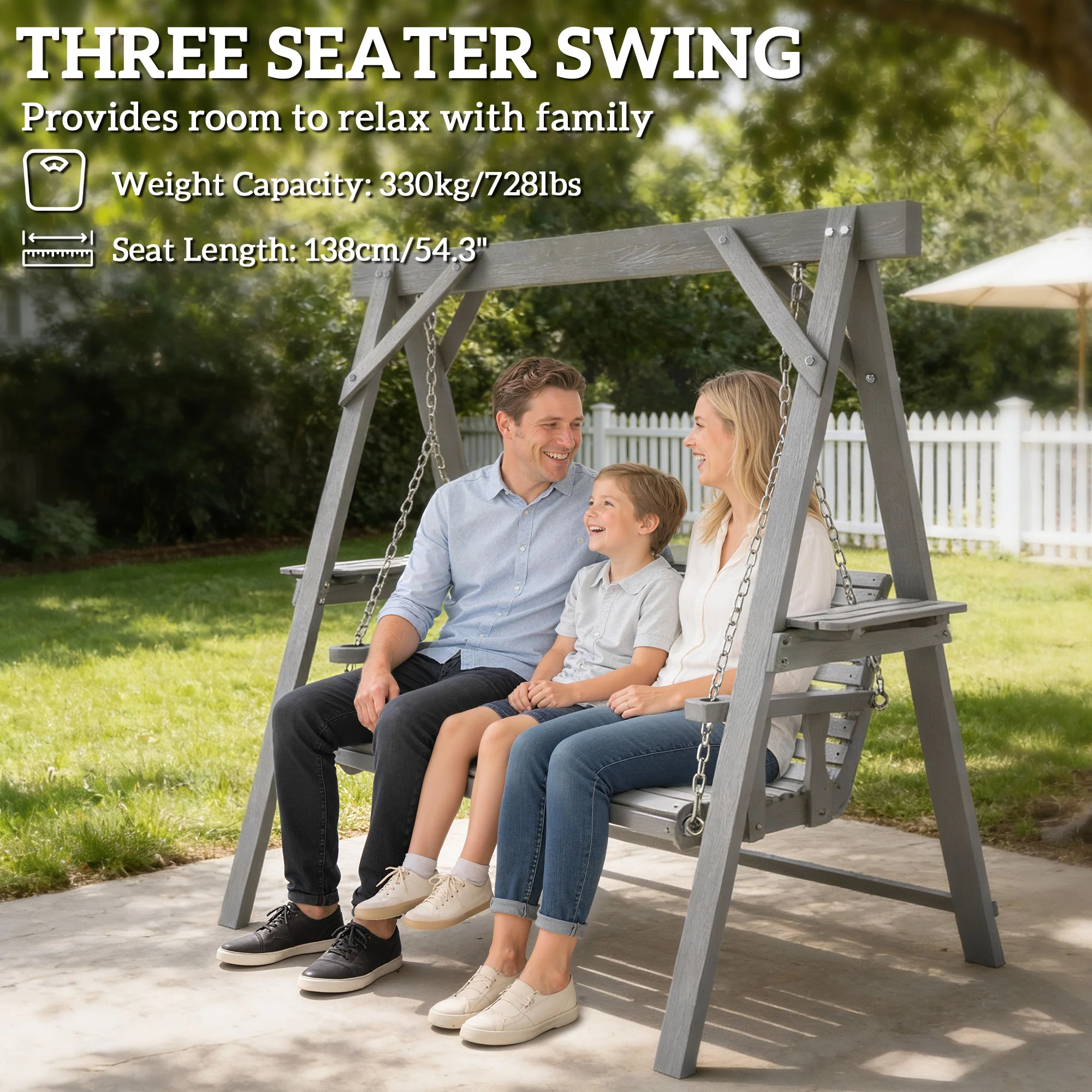 Outsunny 3 Seater Wooden Garden Swing Chair with Side Tables, Dark Grey - Image 4