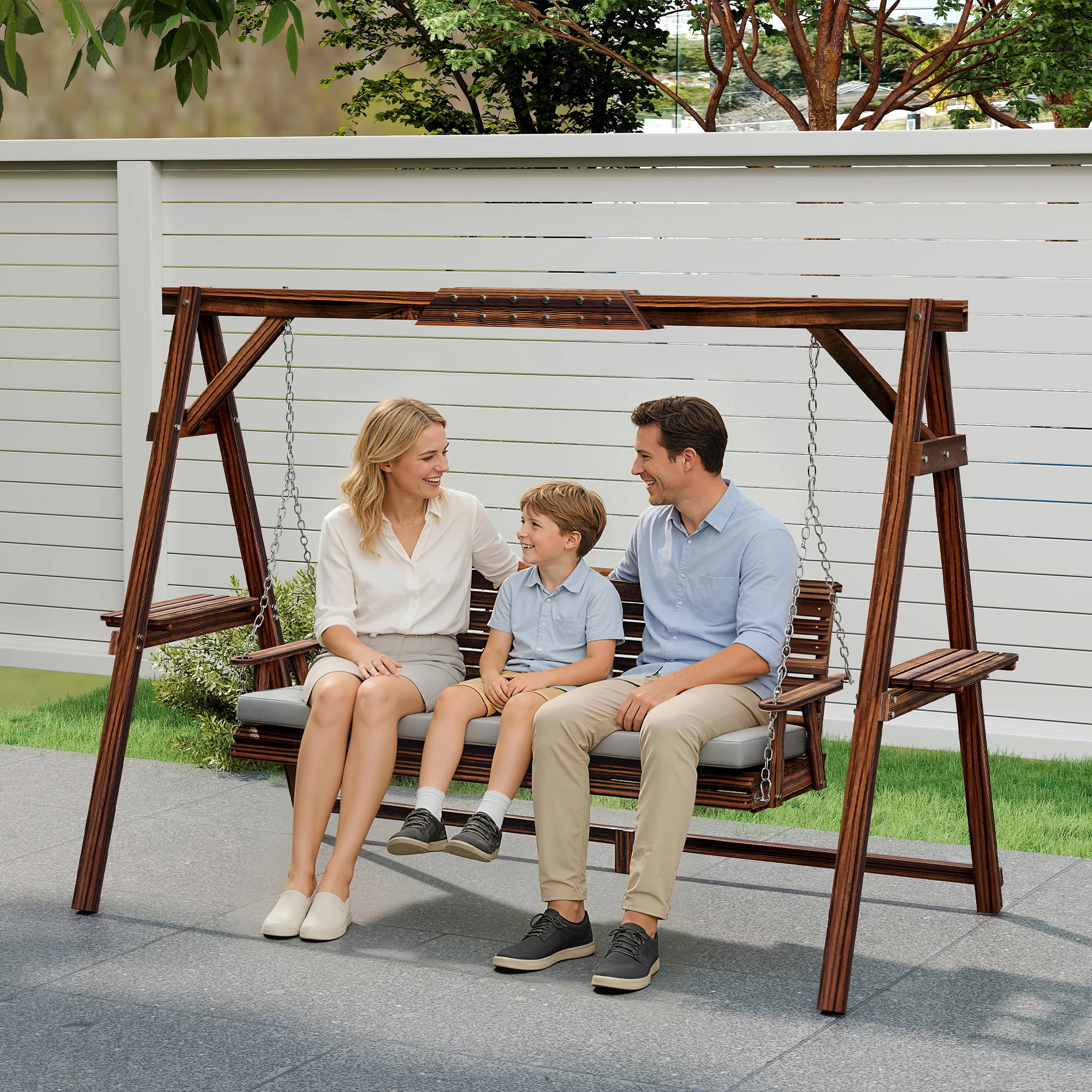 Outsunny 3 Seater Wooden Garden Swing Seat Chair with Side Trays and Cushion - Image 8