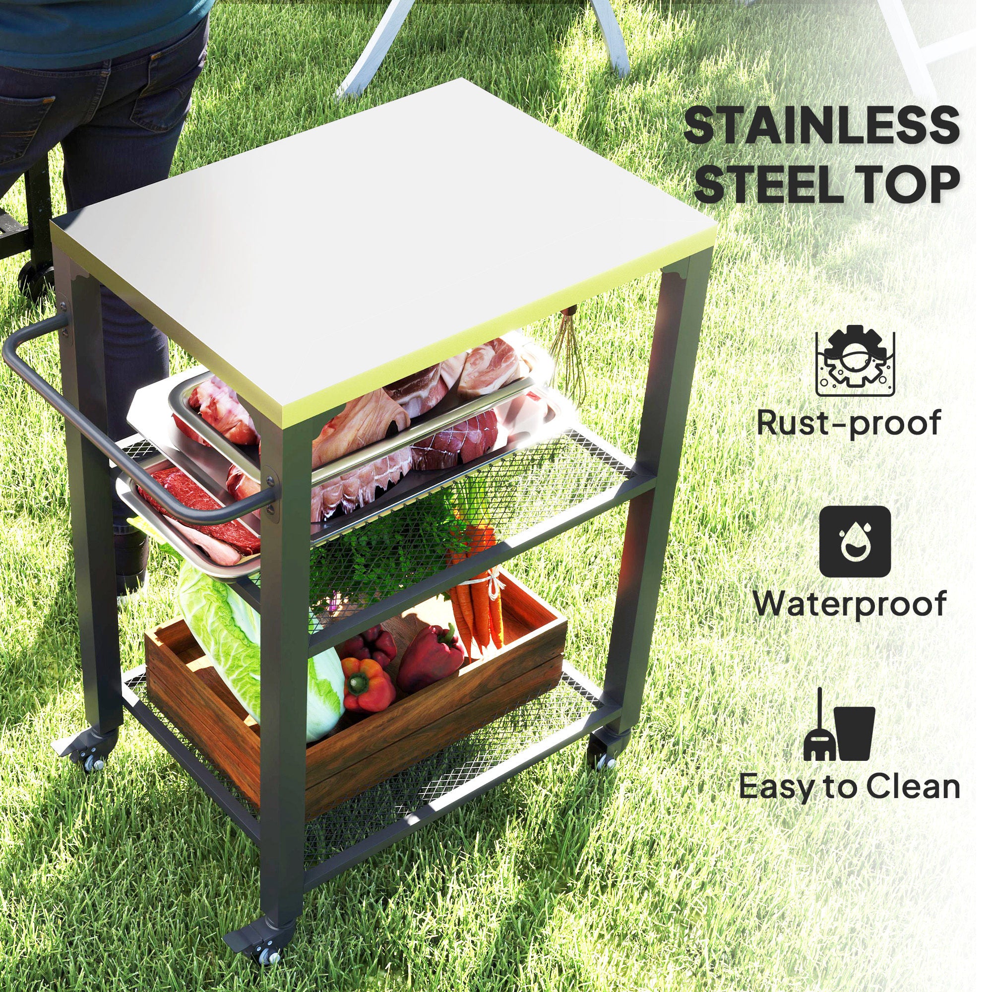 Outsunny 3-Shelf Outdoor Grill Cart, Outdoor Kitchen W/ Stainless Steel Top - Image 3