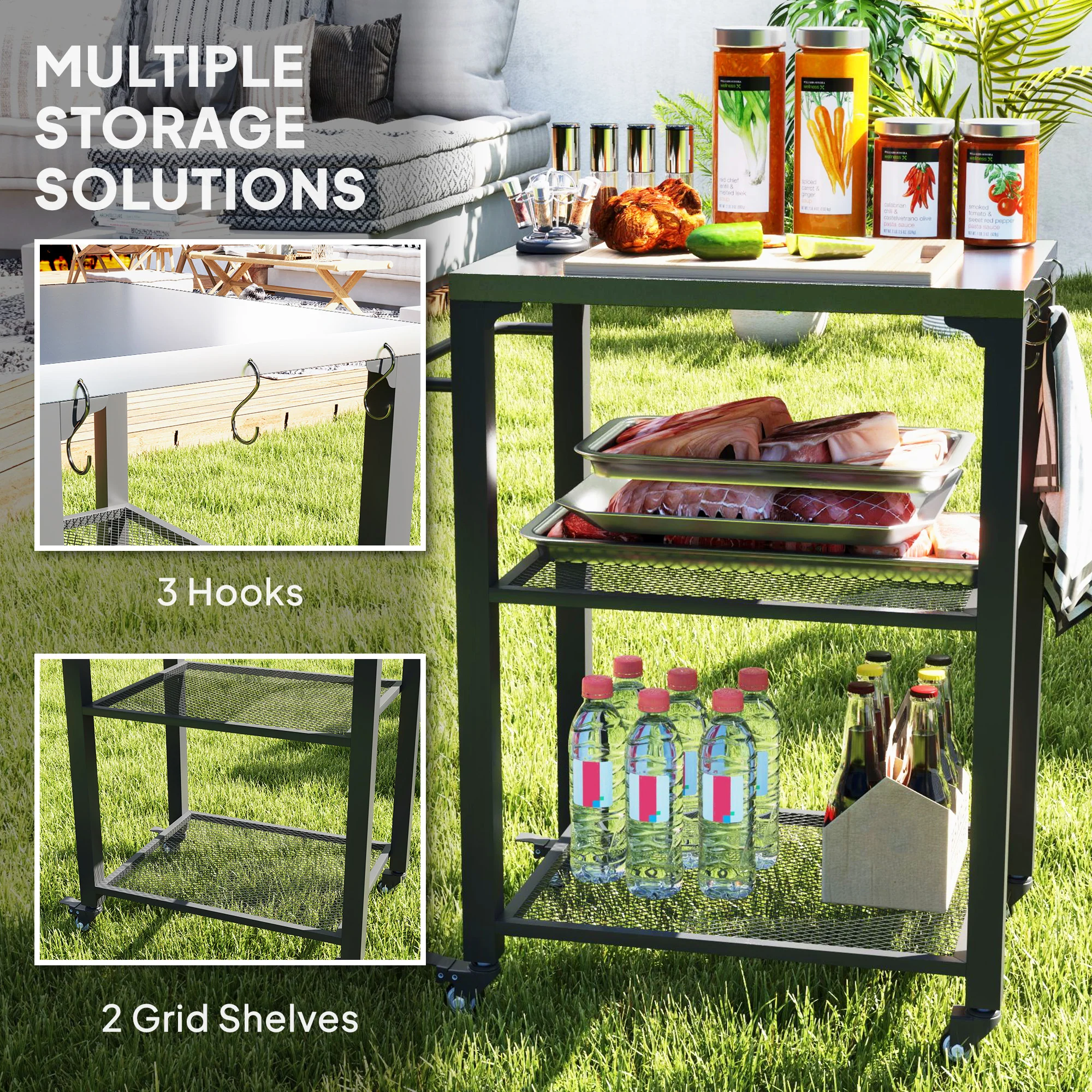 Outsunny 3-Shelf Outdoor Grill Cart, Outdoor Kitchen W/ Stainless Steel Top - Image 4