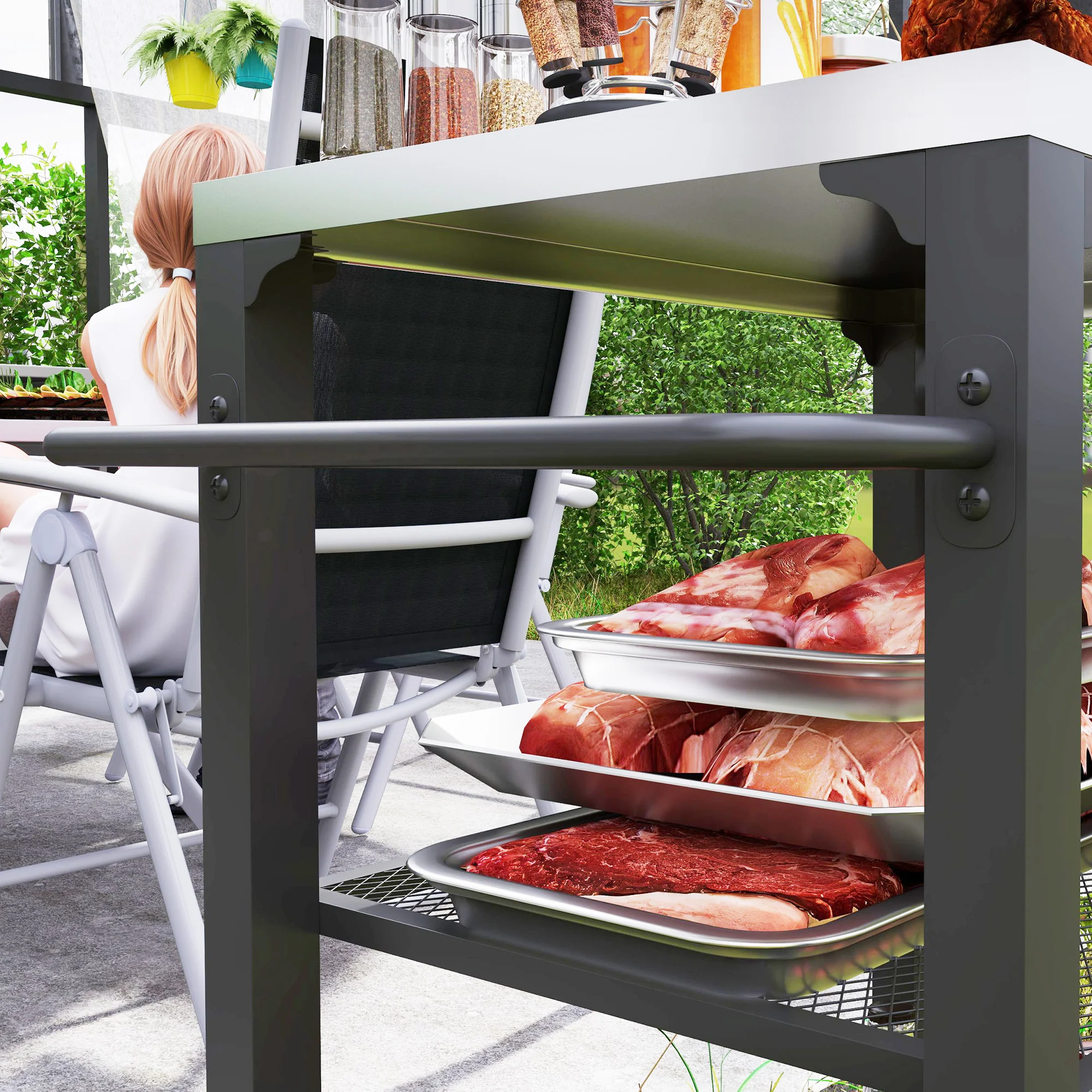 Outsunny 3-Shelf Outdoor Grill Cart, Outdoor Kitchen W/ Stainless Steel Top - Image 8