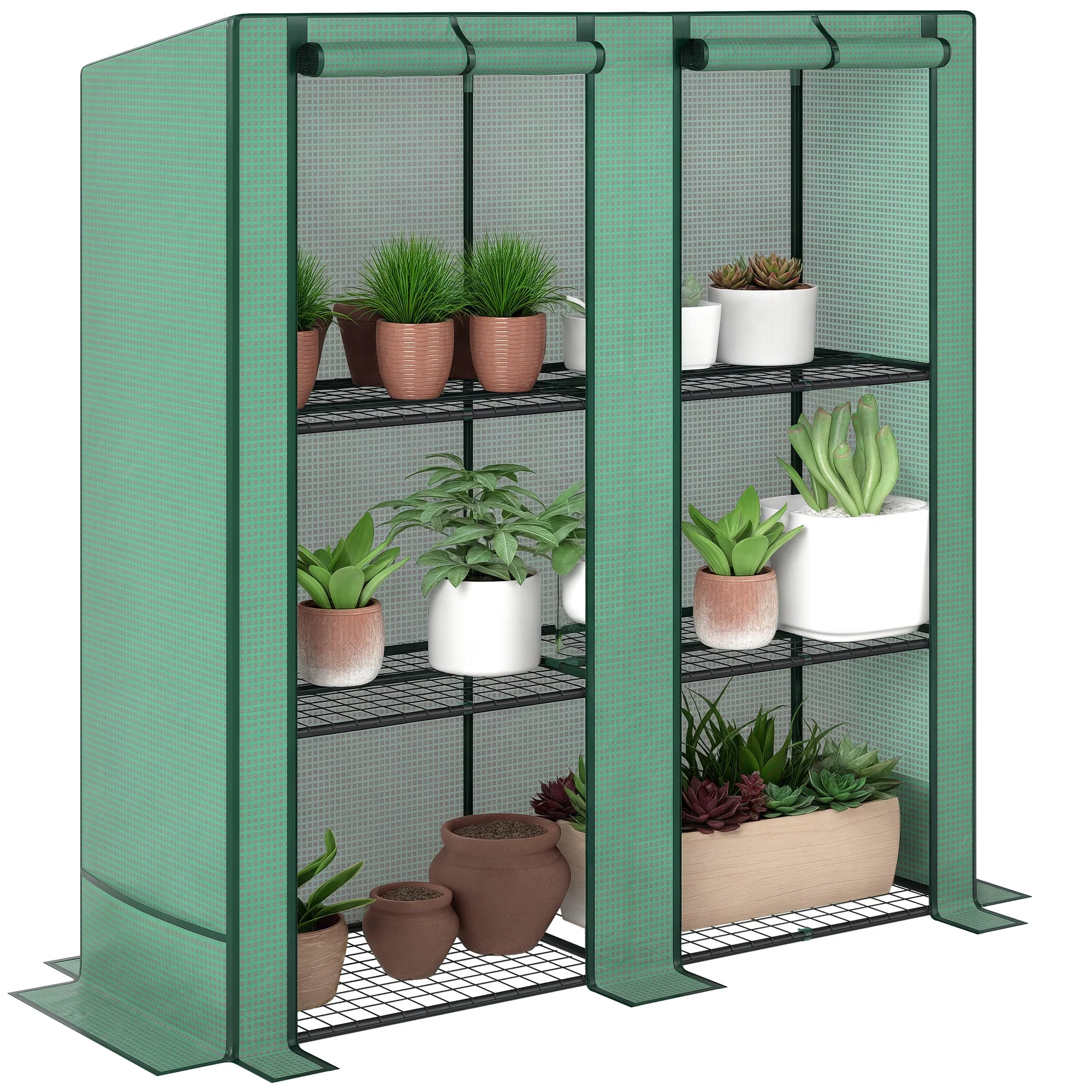 Outsunny 3 Tier Lean-to Mini Greenhouse With Green Hemmed Edging, Green