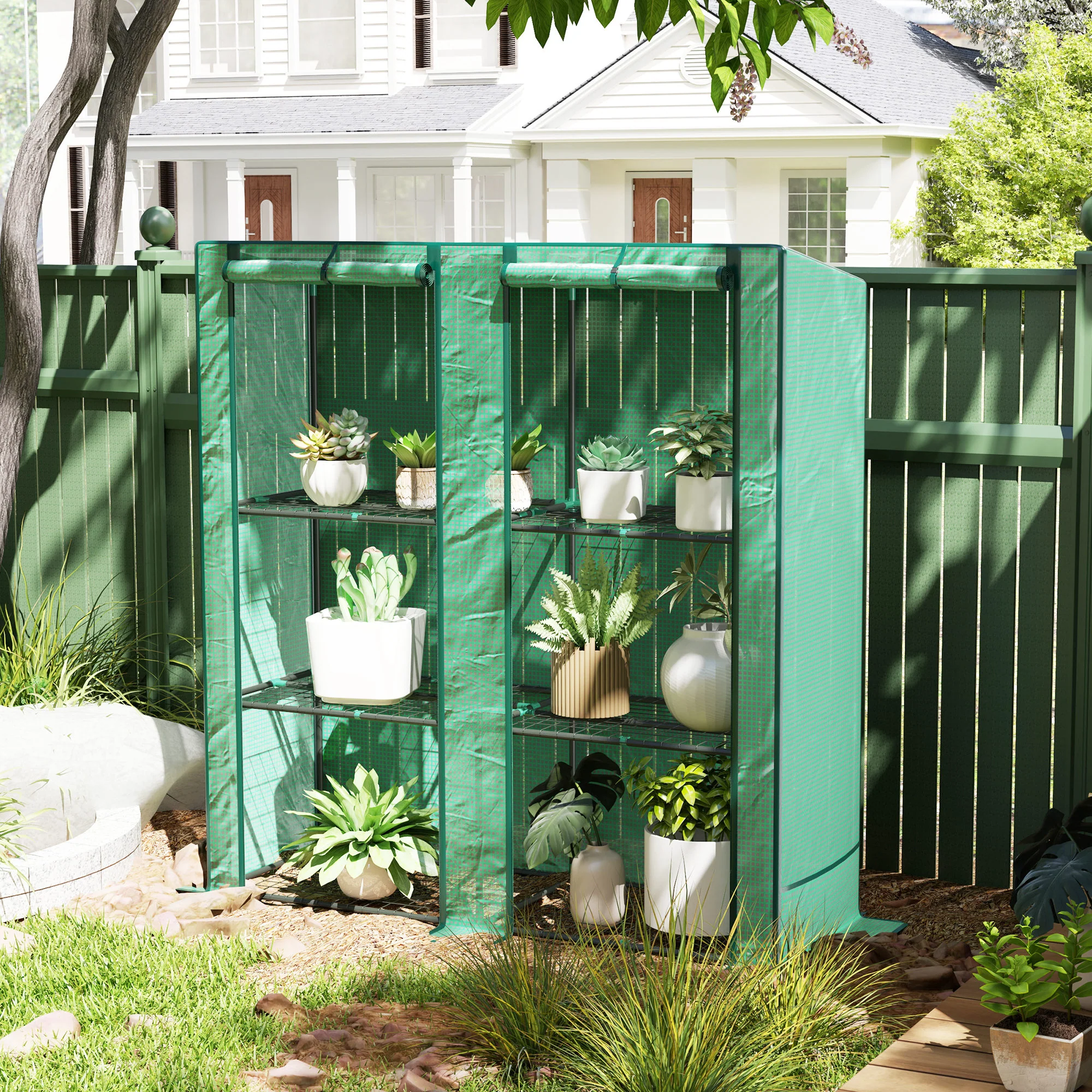Outsunny 3 Tier Lean-to Mini Greenhouse With Green Hemmed Edging, Green - Image 2
