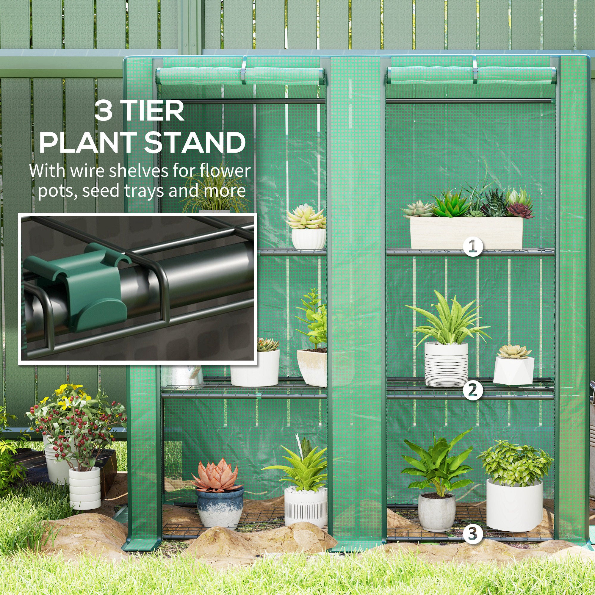 Outsunny 3 Tier Lean-to Mini Greenhouse With Green Hemmed Edging, Green - Image 4