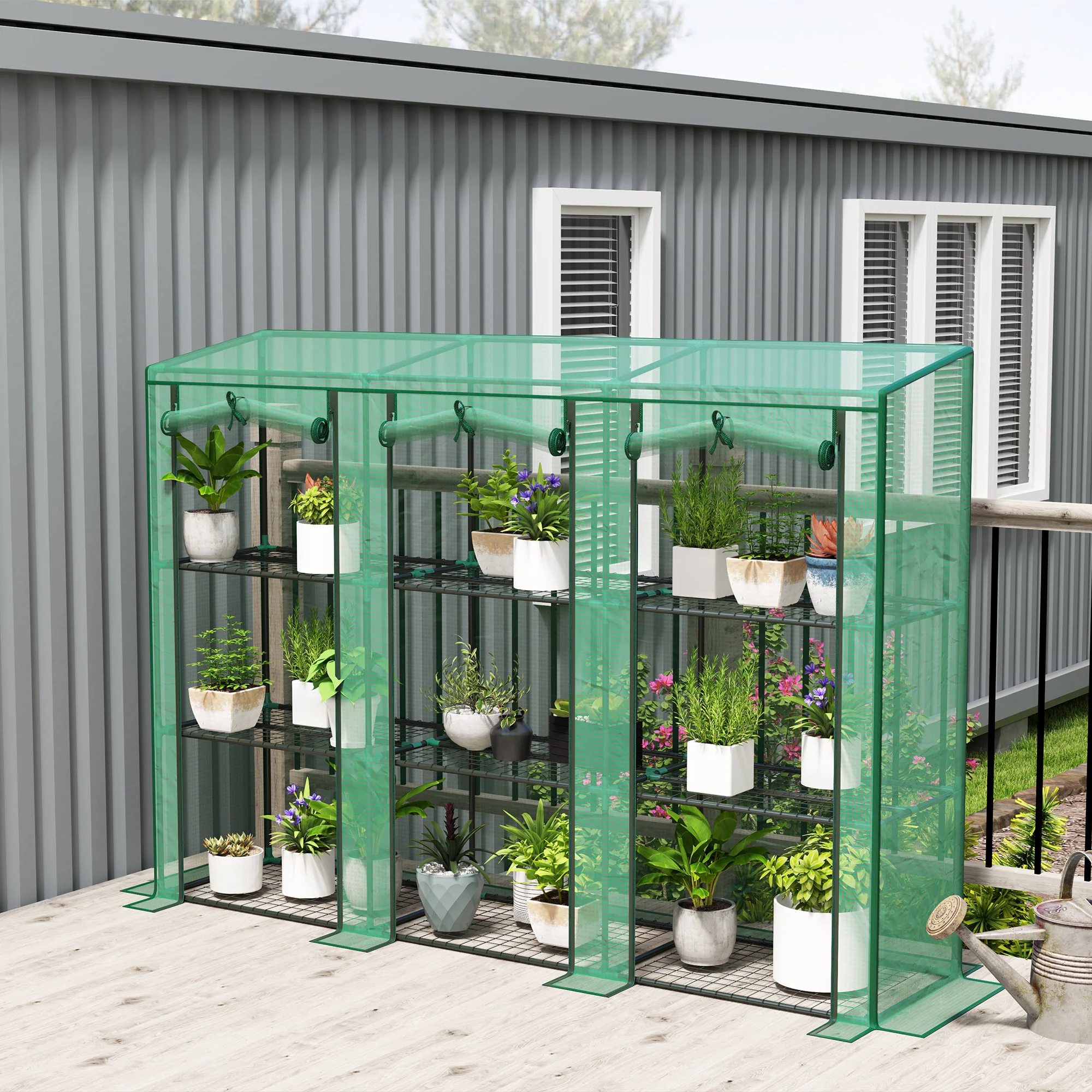 Outsunny 3 Tier Lean-to Mini Greenhouse with PE Cover, Green - Image 2