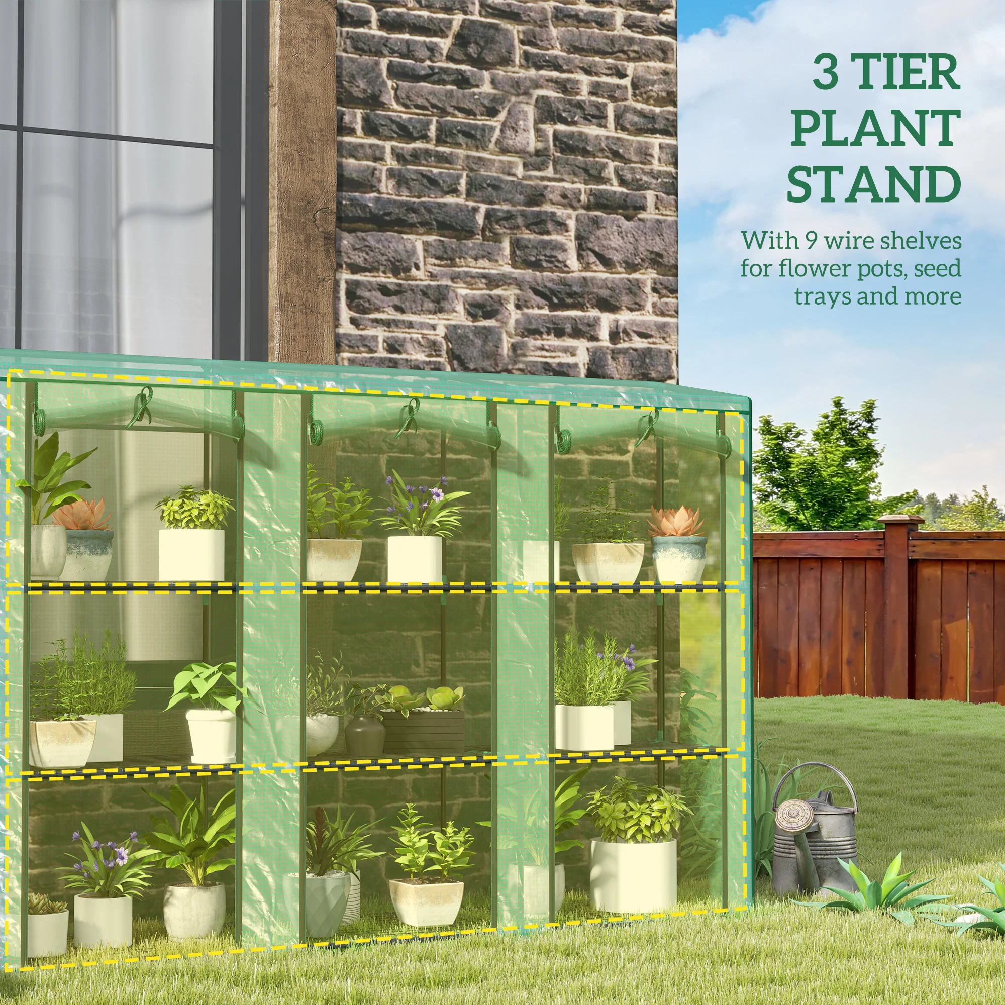 Outsunny 3 Tier Lean-to Mini Greenhouse with PE Cover, Green - Image 4
