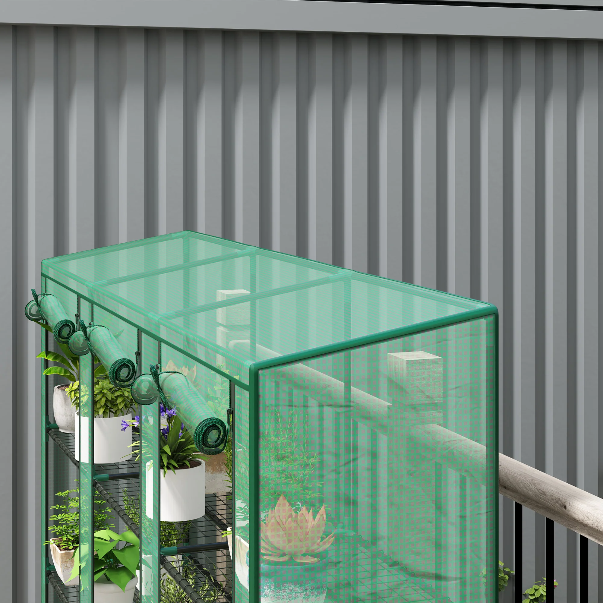 Outsunny 3 Tier Lean-to Mini Greenhouse with PE Cover, Green - Image 9