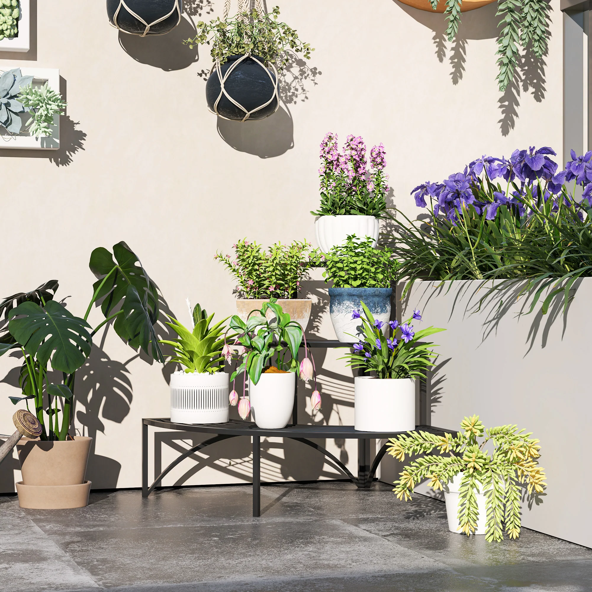 Outsunny 3 Tier Metal Corner Plant Stand For Garden Balcony Patio, Black - Image 2