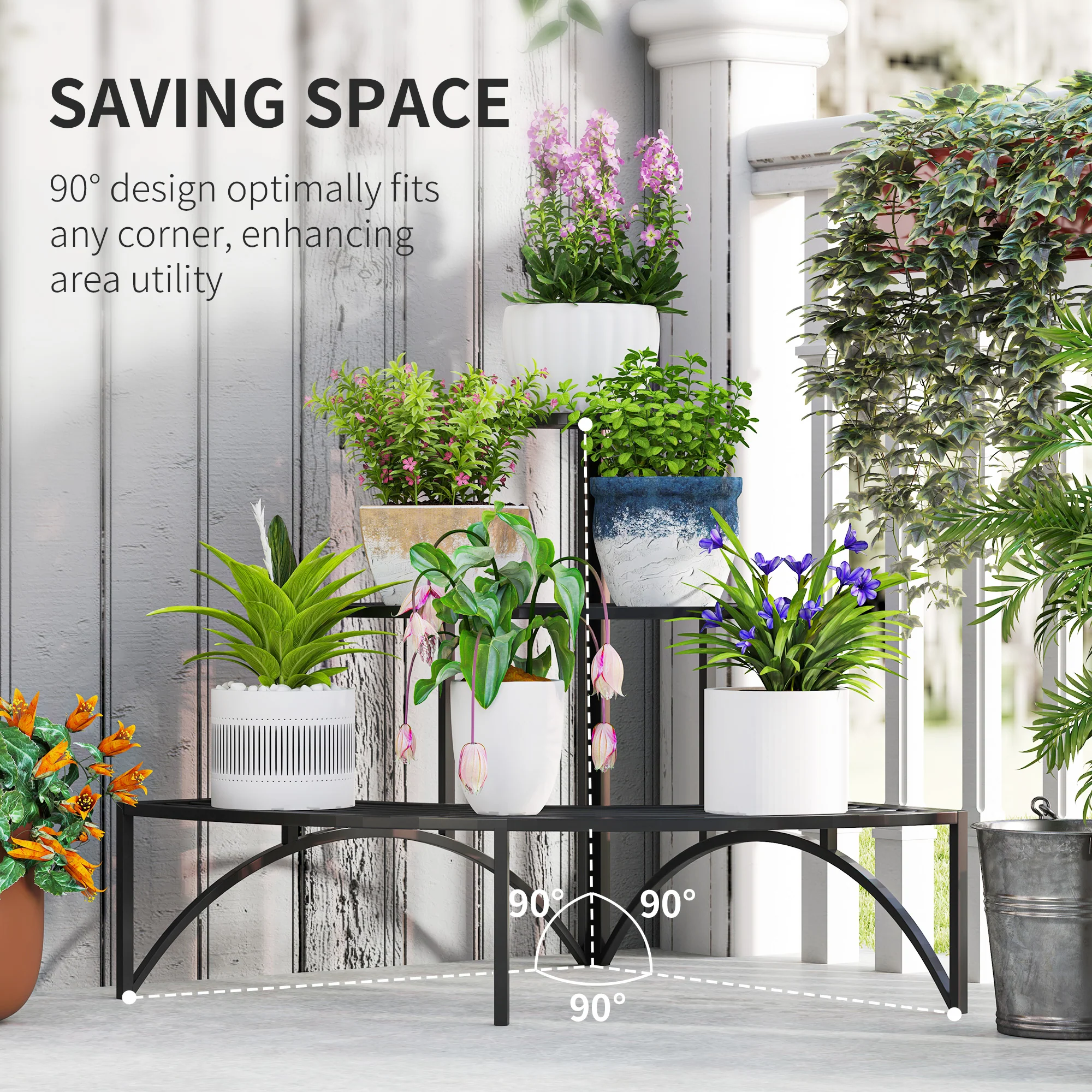 Outsunny 3 Tier Metal Corner Plant Stand For Garden Balcony Patio, Black - Image 3