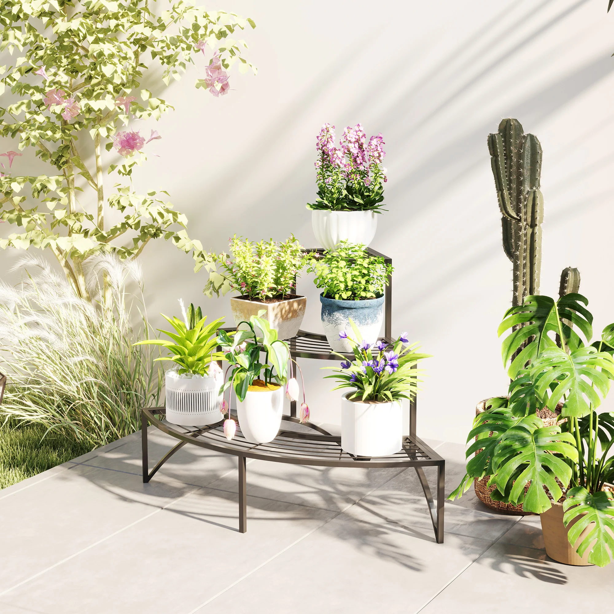Outsunny 3 Tier Metal Corner Plant Stand For Garden Balcony Patio, Black - Image 9