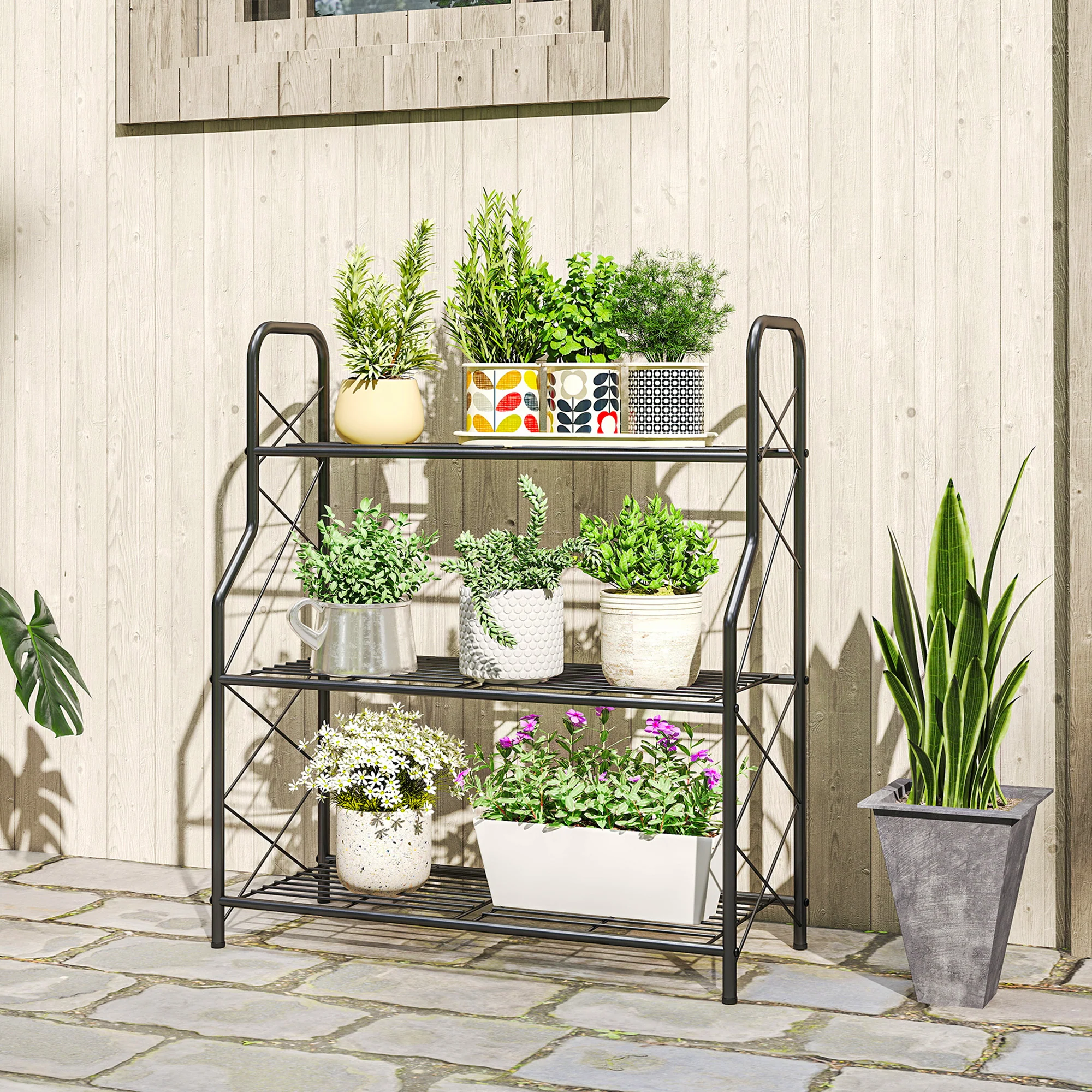 Outsunny 3-Tier Metal Plant Stand, Ladder Shelf Potted Plants Display - Image 2