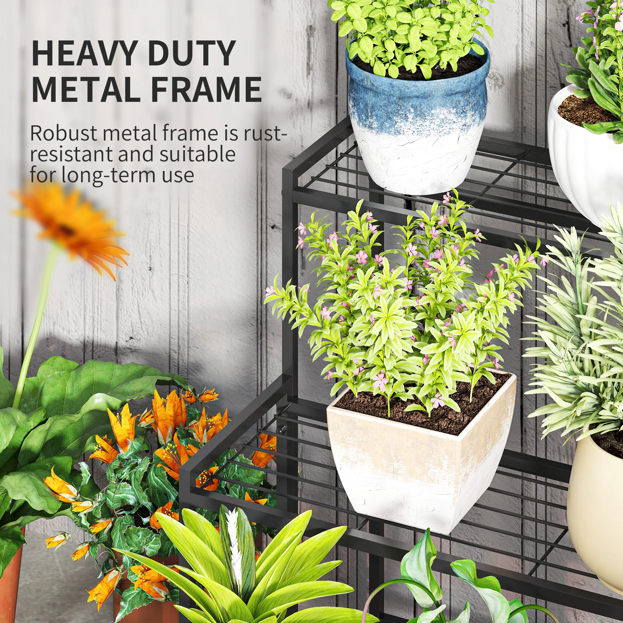 Outsunny 3-Tier Metal Plant Stand, Modern Ladder Shelf For Garden, Black - Image 4