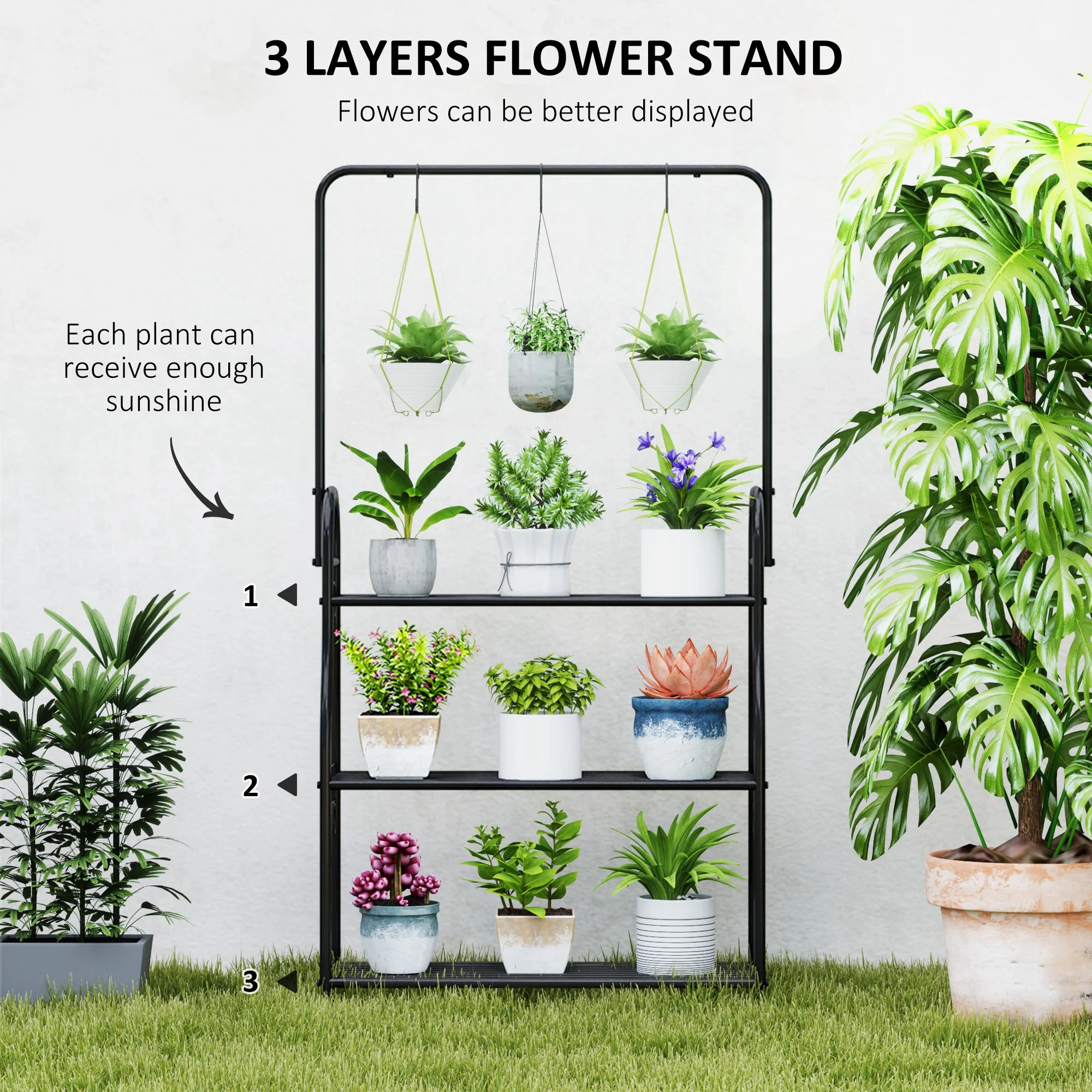 Outsunny 3 Tier Plant Stand w/ Hanging Hooks for Balcony Living Room, Black - Image 3