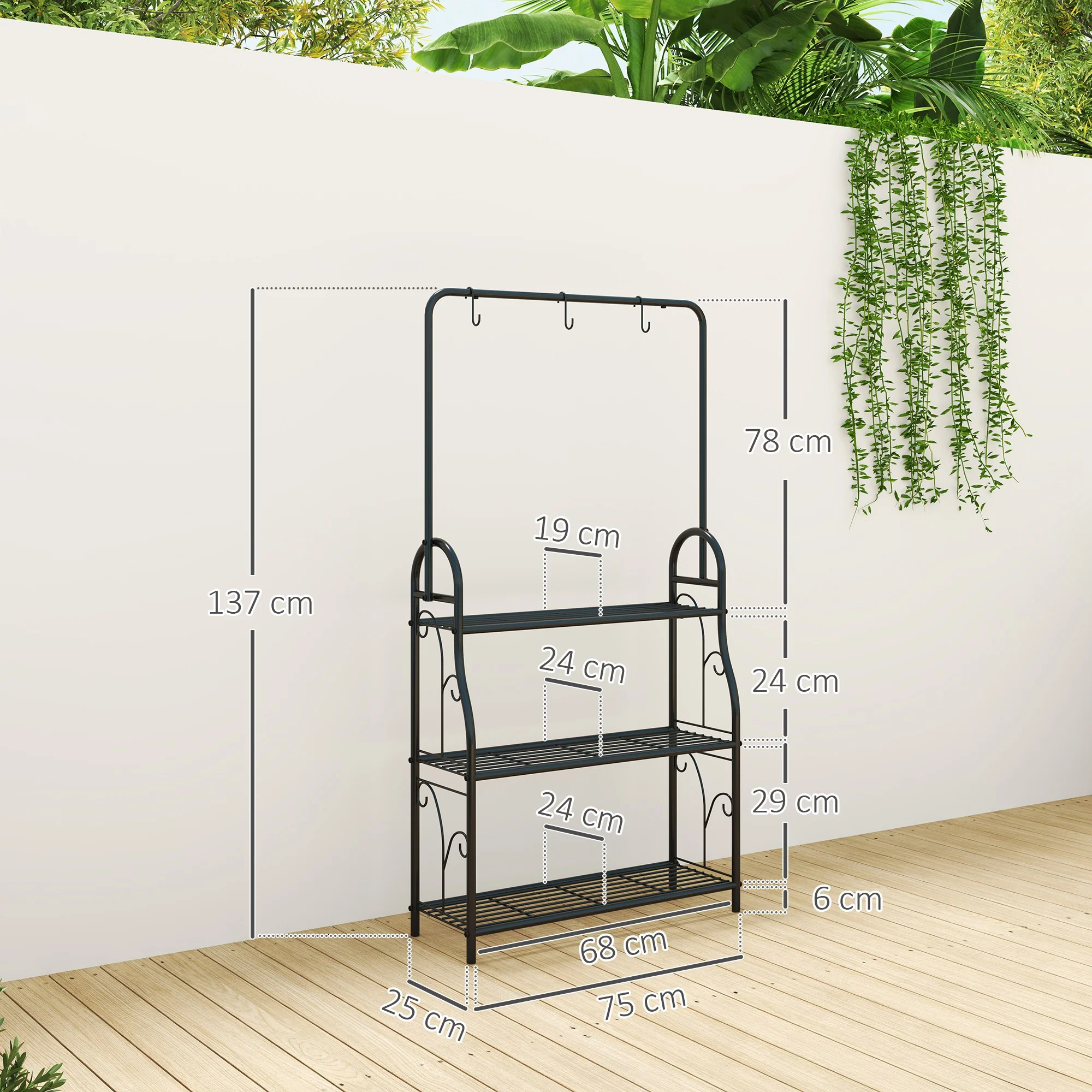 Outsunny 3 Tier Plant Stand w/ Hanging Hooks for Balcony Living Room, Black - Image 5