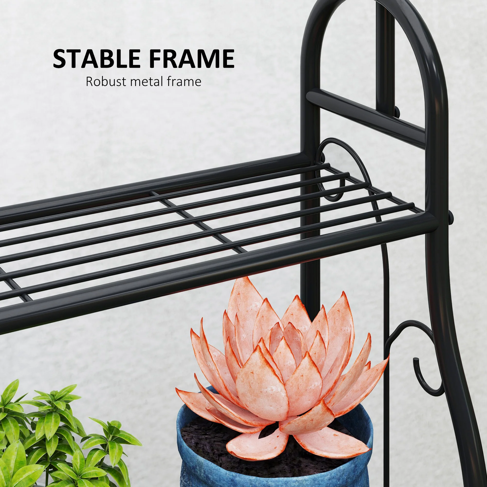 Outsunny 3 Tier Plant Stand w/ Hanging Hooks for Balcony Living Room, Black - Image 6