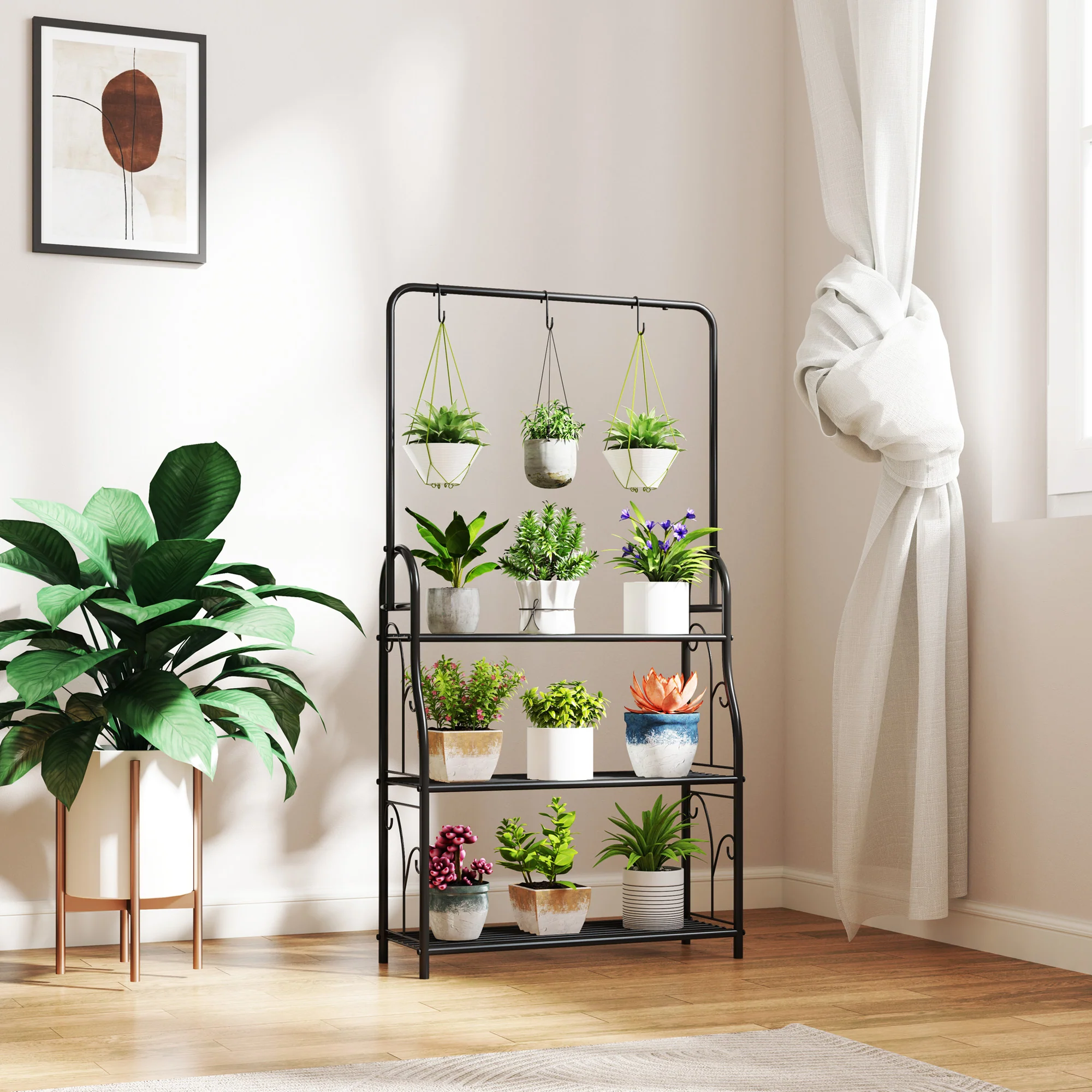 Outsunny 3 Tier Plant Stand w/ Hanging Hooks for Balcony Living Room, Black - Image 7