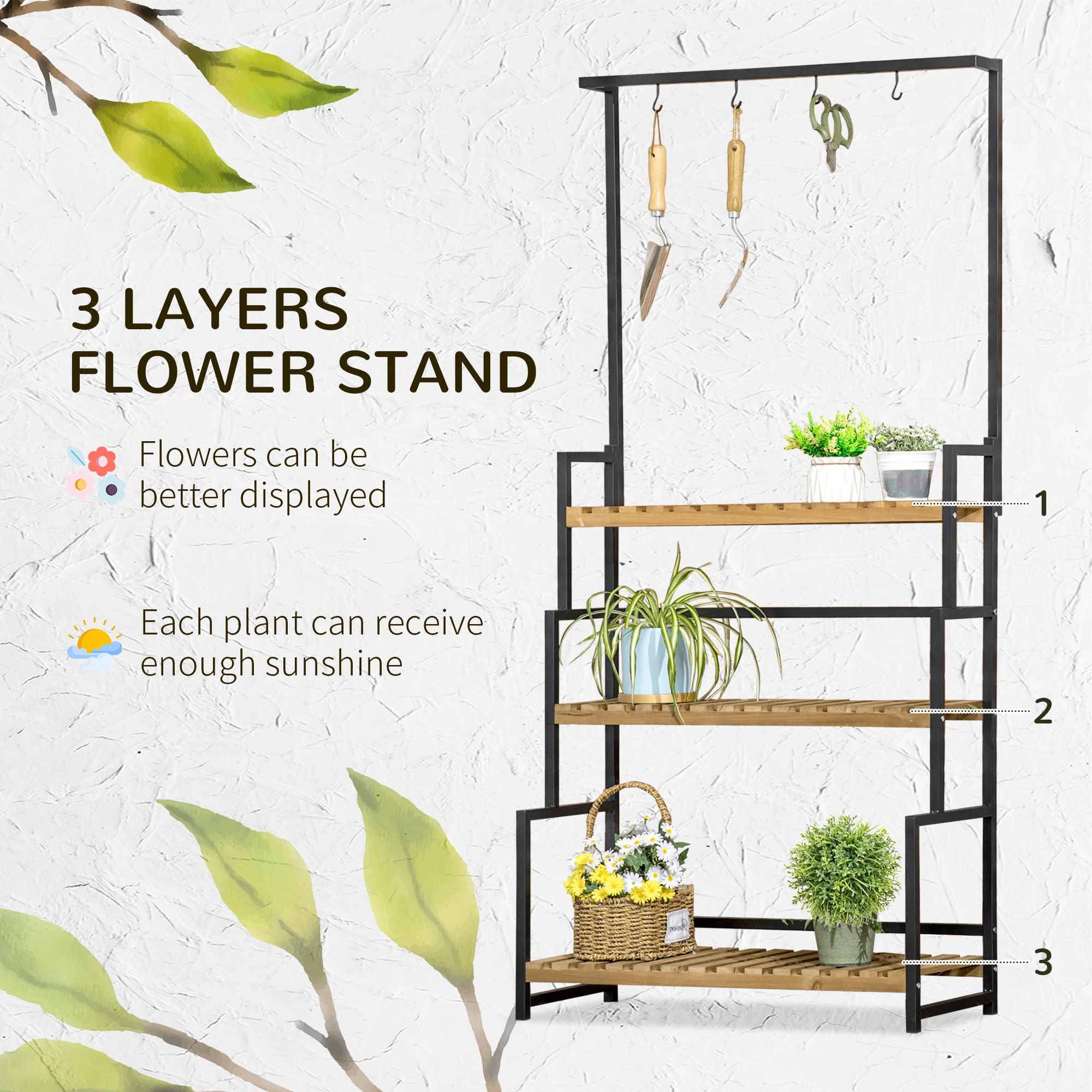 Outsunny 3 Tiered Plant Stand Rack with Hanging Hooks for Indoor Outdoor - Image 2
