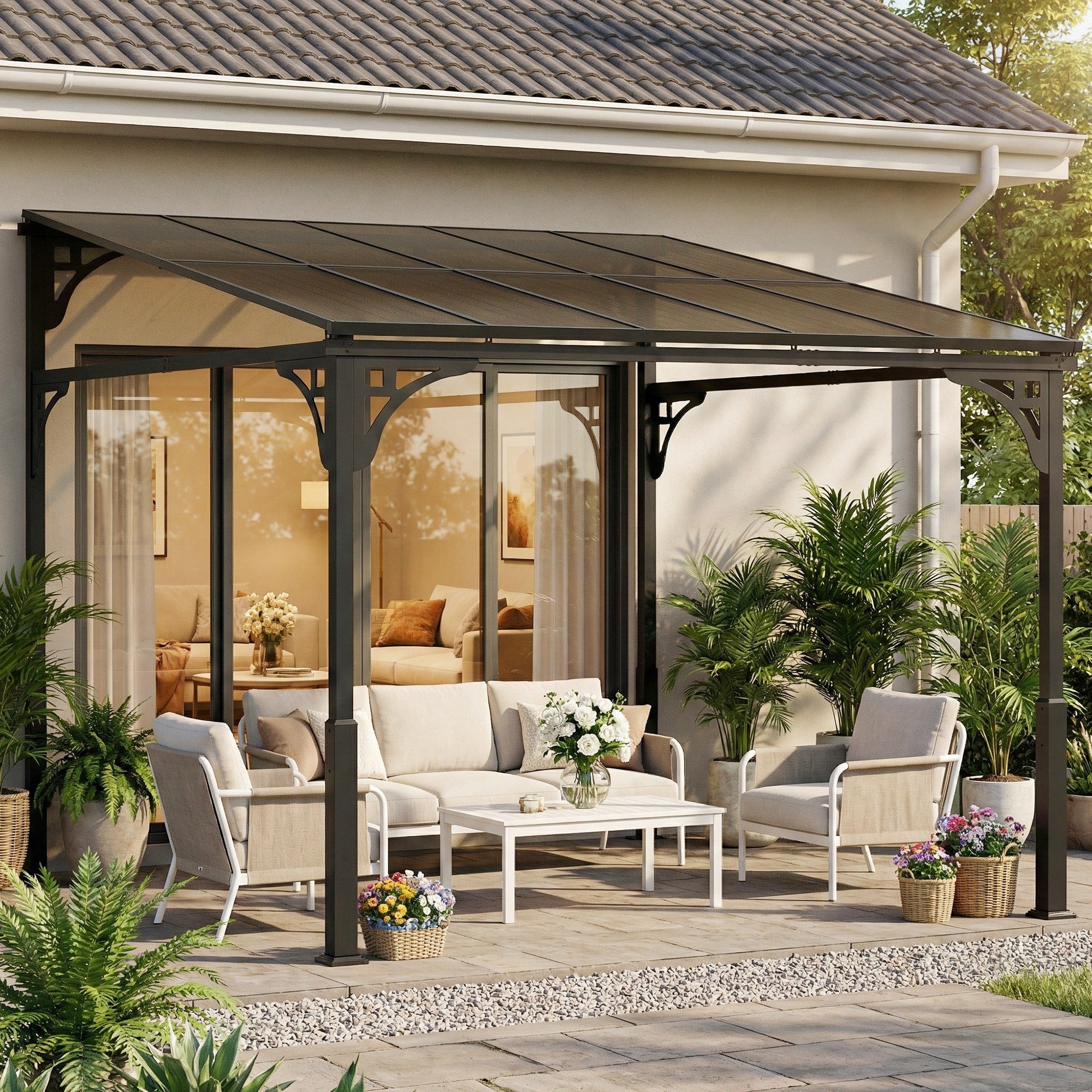 Outsunny 3 x 2.87 m Metal Lean-to Hardtop Gazebo, Wall-Mounted Pergola - Image 2