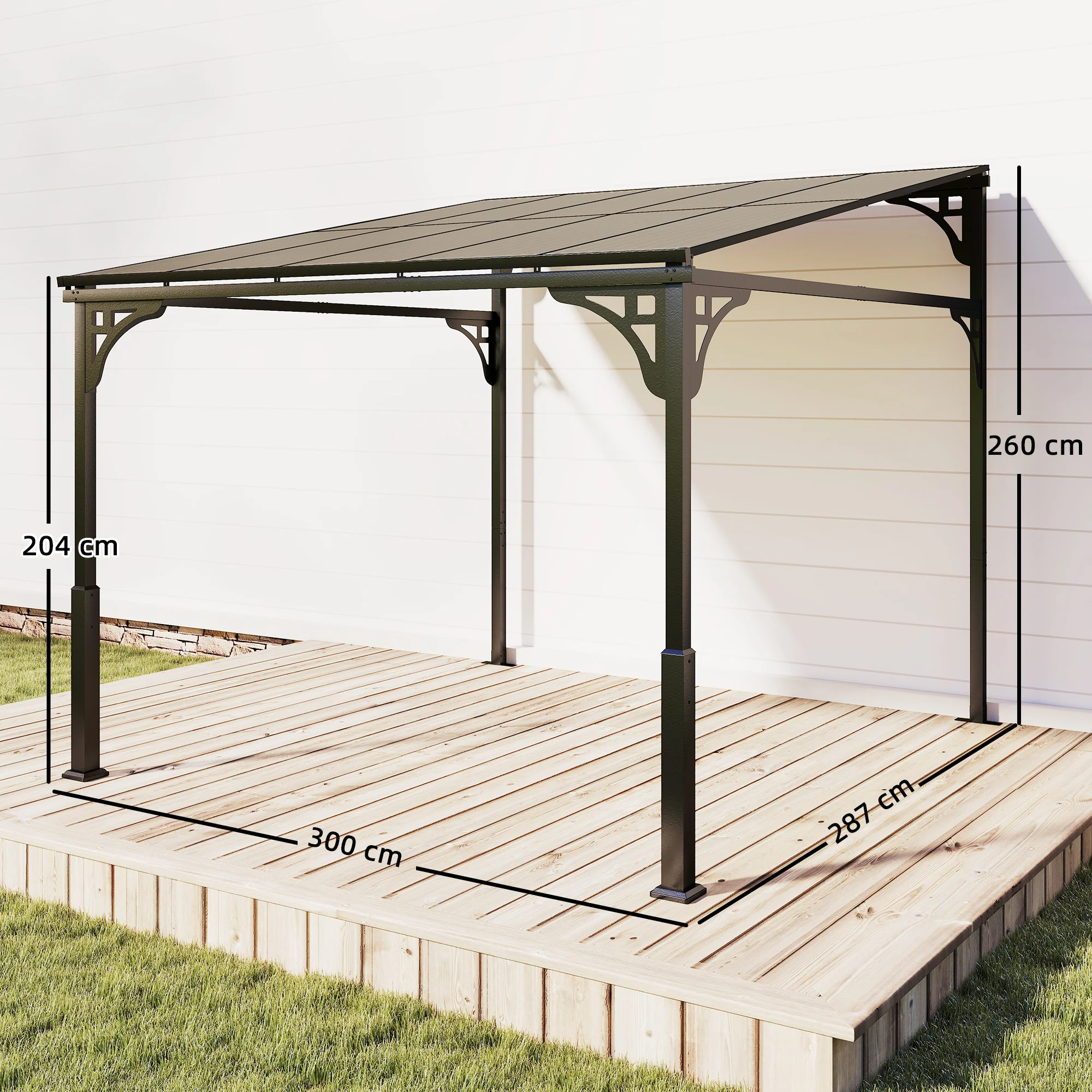 Outsunny 3 x 2.87 m Metal Lean-to Hardtop Gazebo, Wall-Mounted Pergola - Image 3