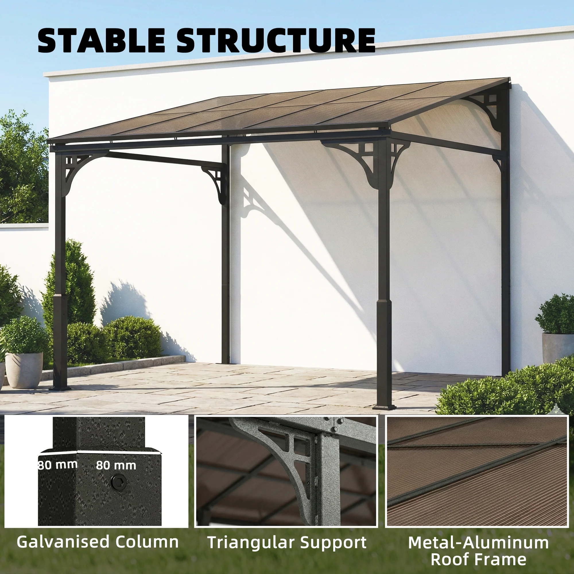 Outsunny 3 x 2.87 m Metal Lean-to Hardtop Gazebo, Wall-Mounted Pergola - Image 7