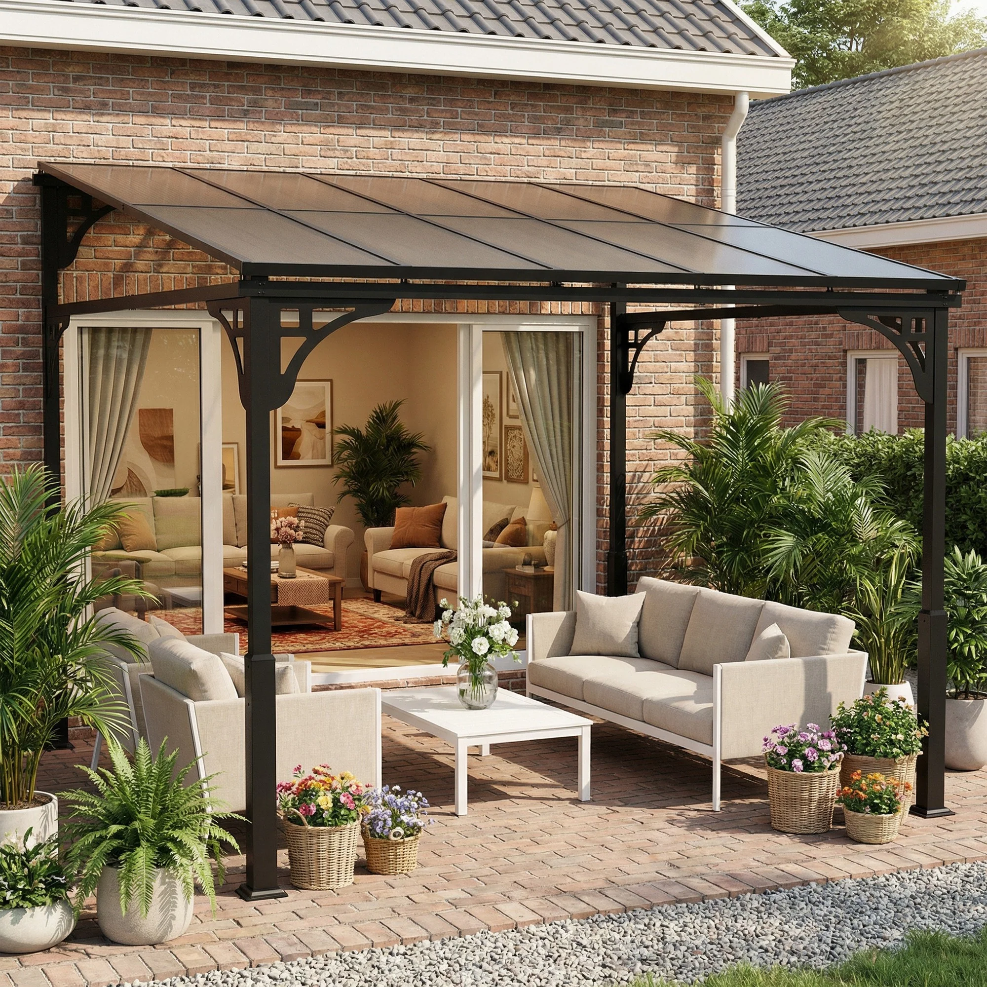 Outsunny 3 x 2.87 m Metal Lean-to Hardtop Gazebo, Wall-Mounted Pergola - Image 8