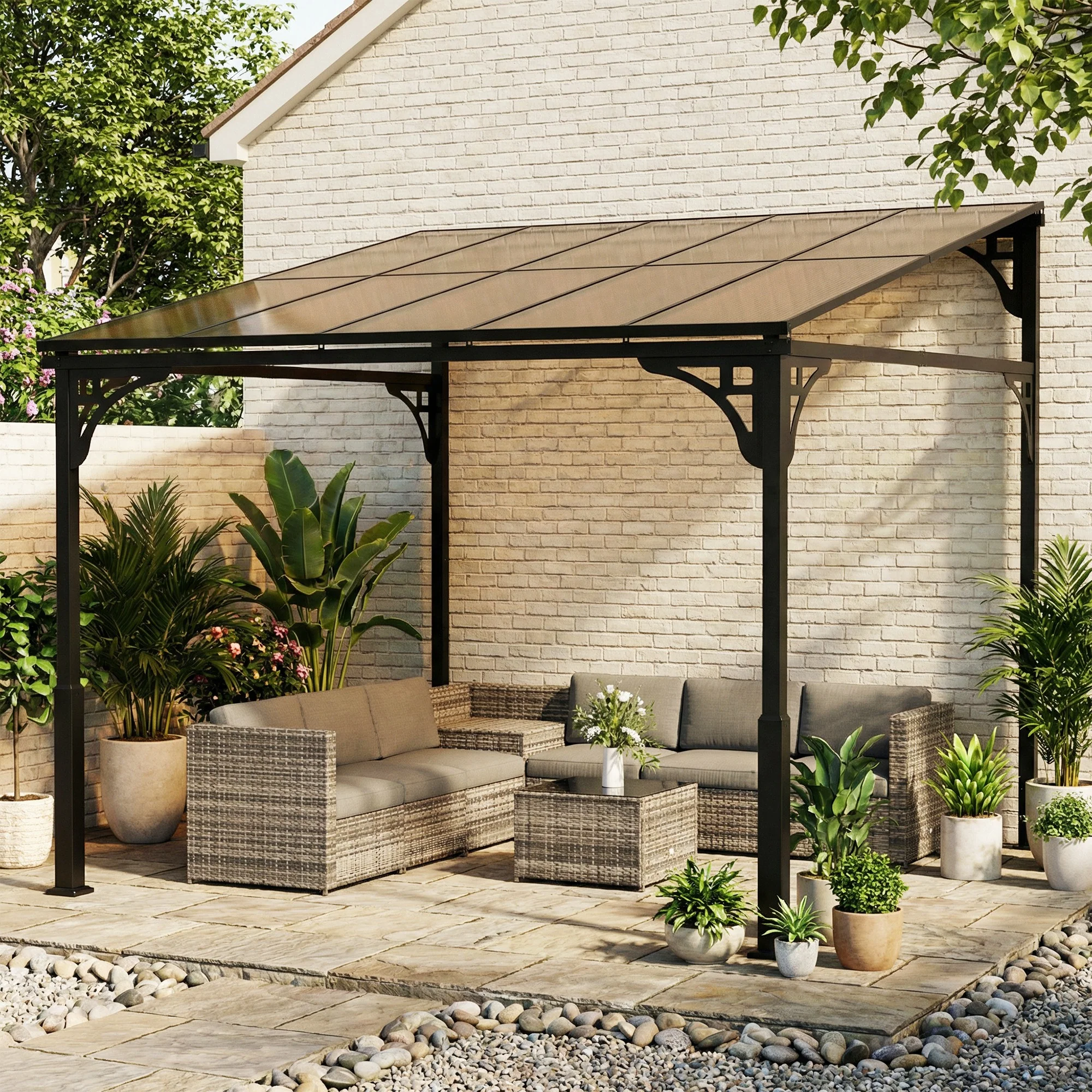 Outsunny 3 x 2.87 m Metal Lean-to Hardtop Gazebo, Wall-Mounted Pergola - Image 9