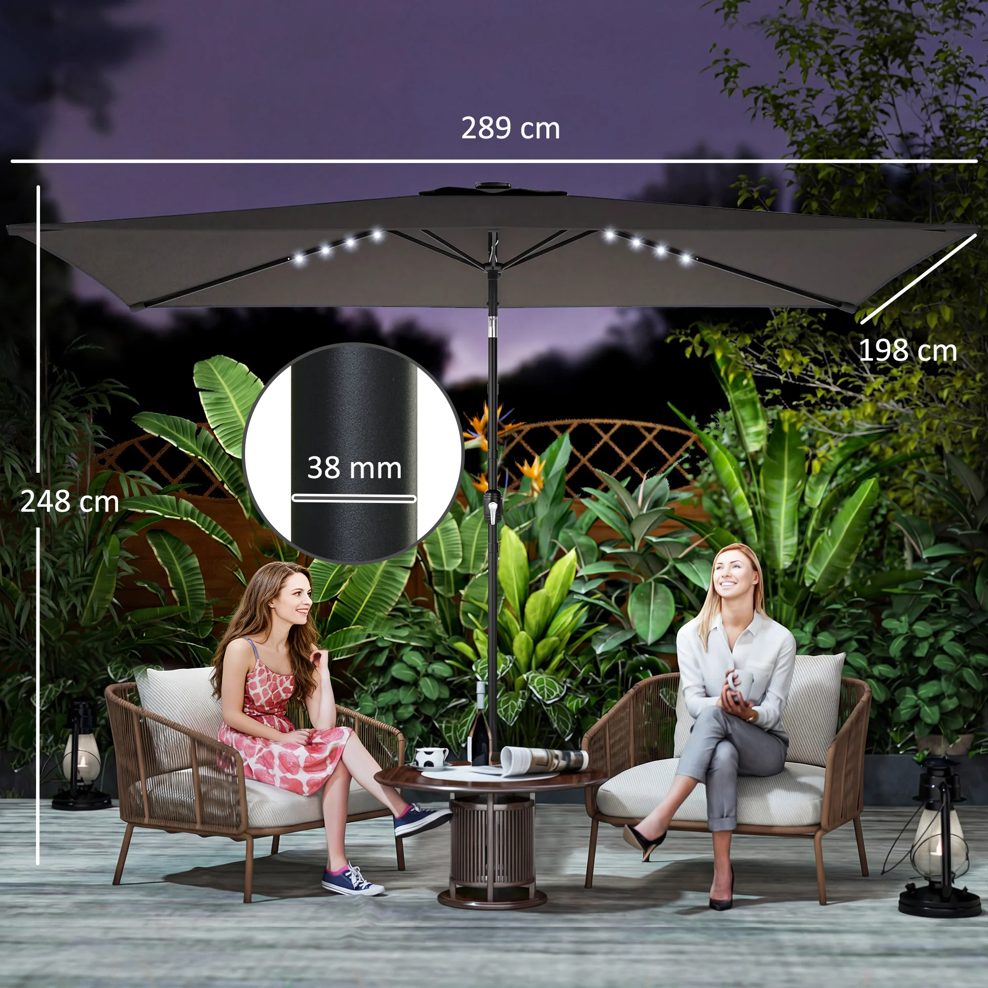 Outsunny 3 x 2 m Garden Parasol Umbrella with Light, Outdoor Patio Umbrella - Image 3