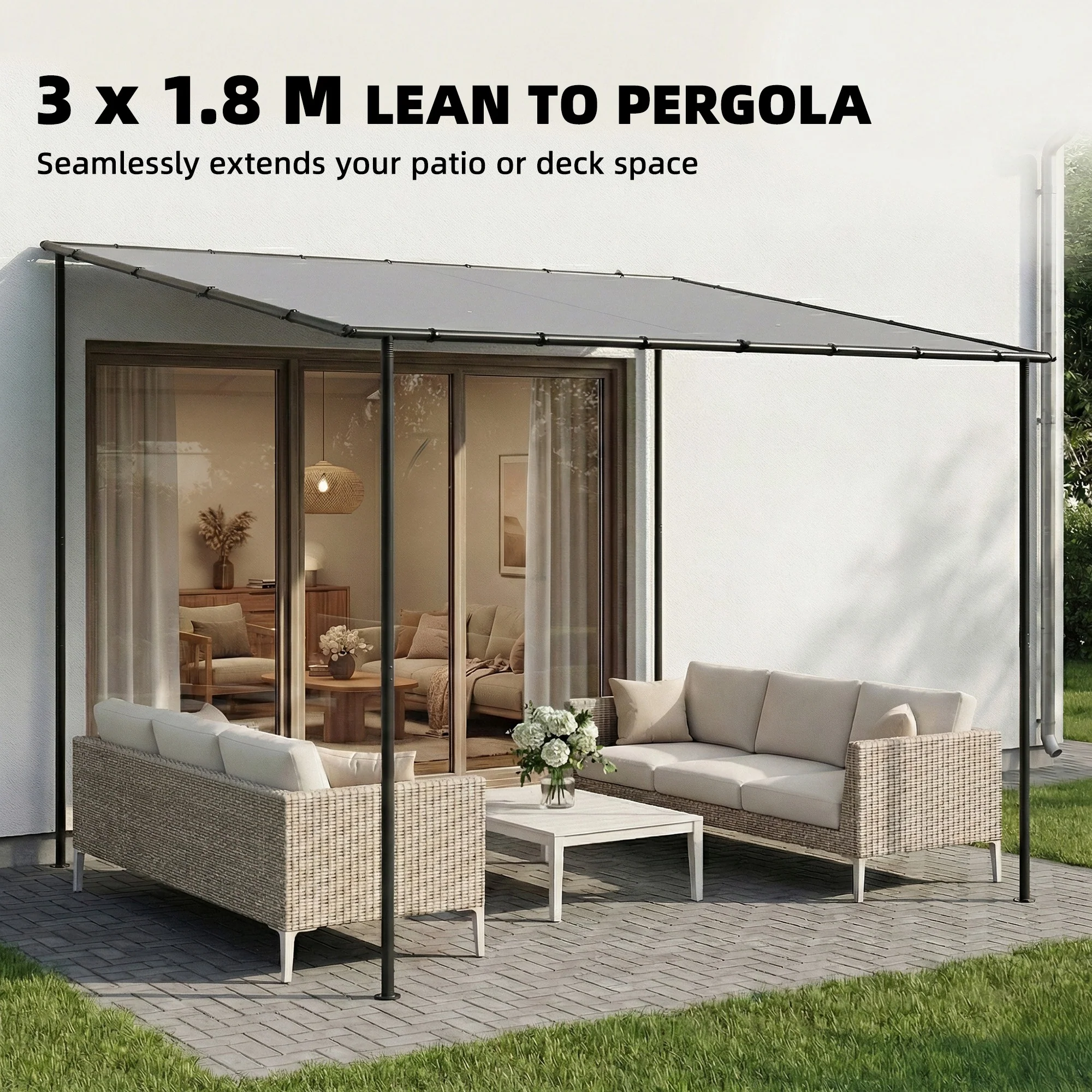 Outsunny 3 x 2 m Lean to Garden Pergola, Metal Frame Gazebo Pergola, Grey - Image 3