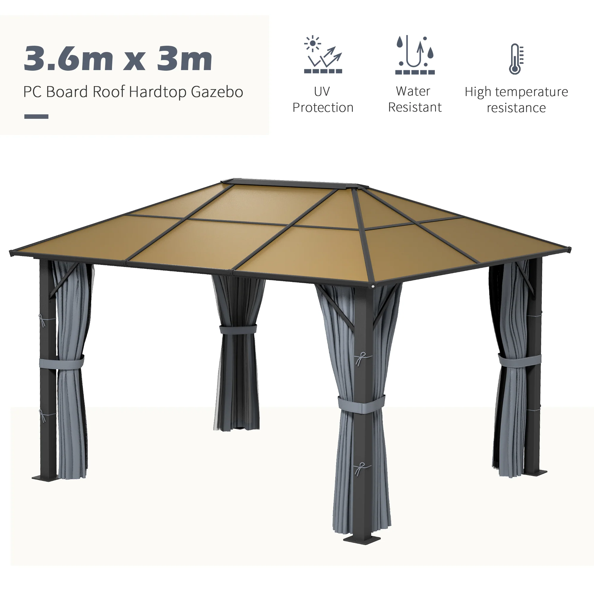 Outsunny 3 x 3.6m Hardtop Gazebo with Aluminium Frame and Curtains - Image 3