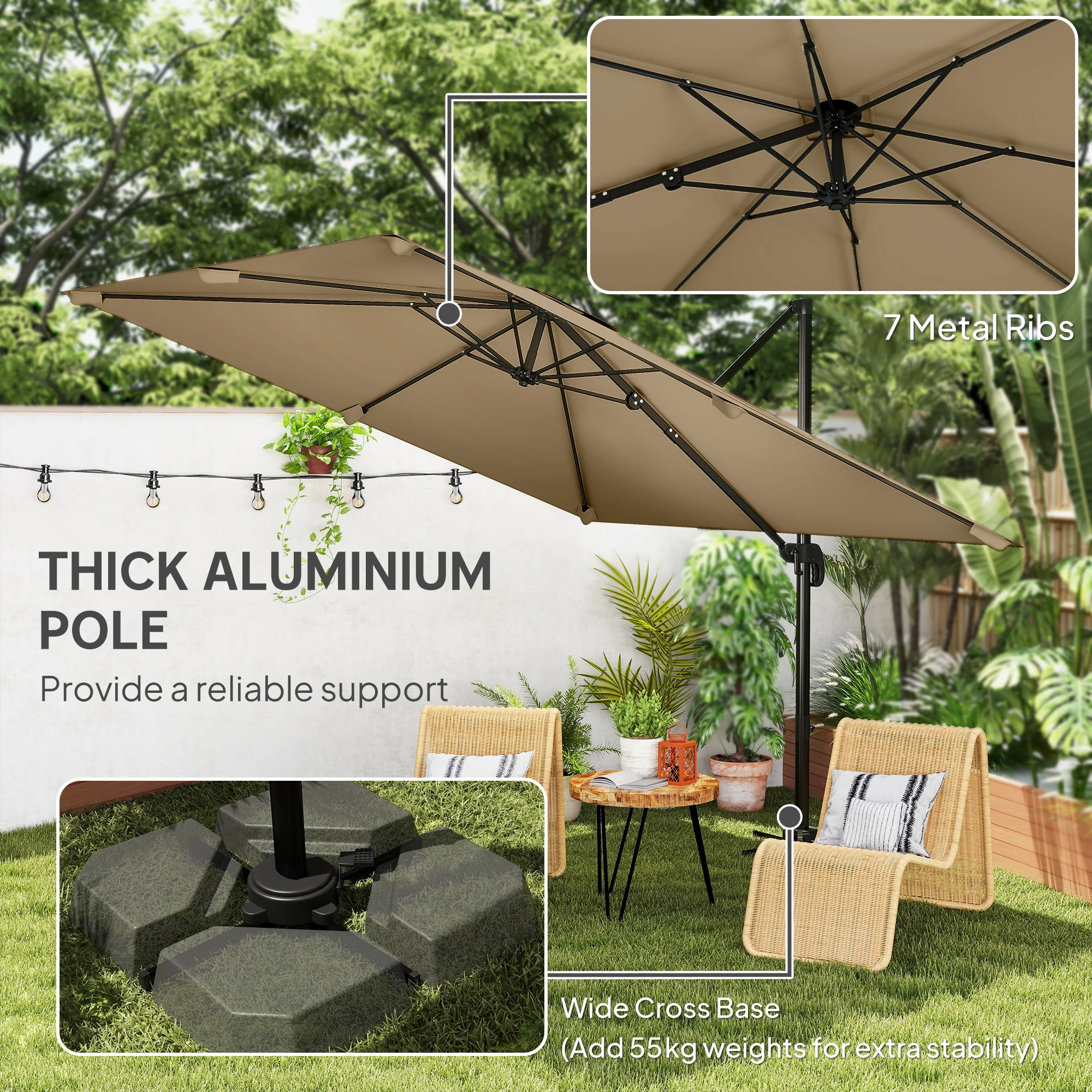 Outsunny 3 X 3 M Cantilever Parasol, Square Patio Umbrella With Crank Handle - Image 7