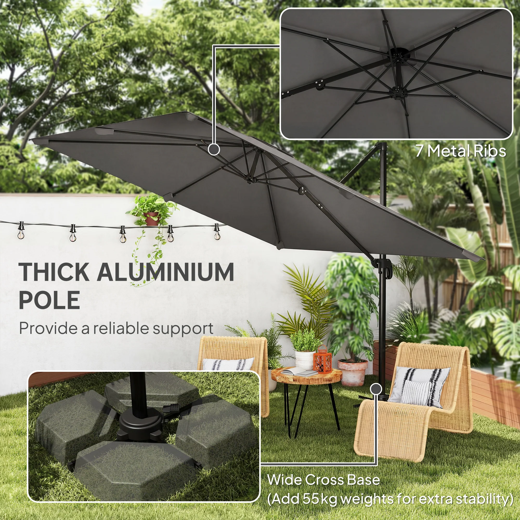 Outsunny 3 X 3 M Cantilever Parasol, Square Patio Umbrella With Crank Handle - Image 7